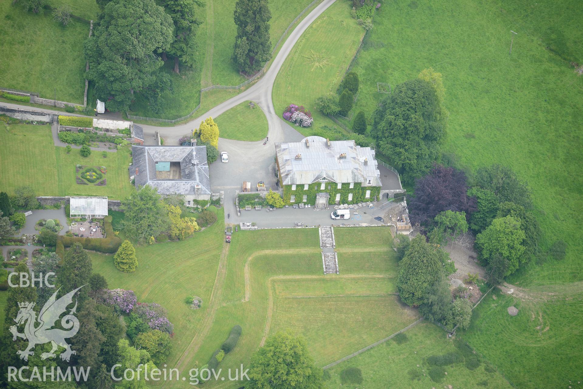 Cefn Dyrys estate including home farm, garden, stables and garden cottage, near Builth Wells. Oblique aerial photograph taken during the Royal Commission's programme of archaeological aerial reconnaissance by Toby Driver on 11th June 2015.