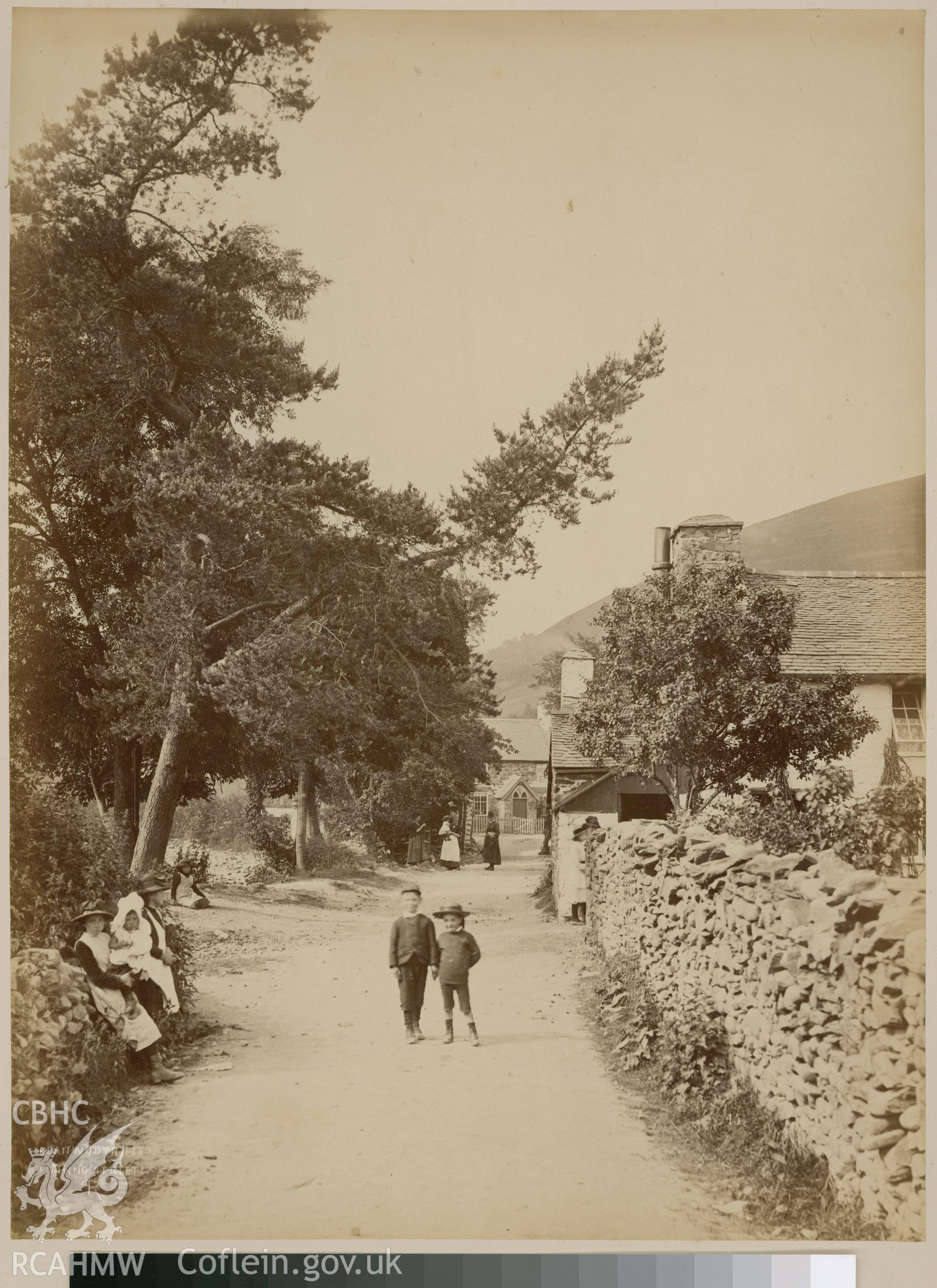 Digital copy of an albumen print from Edward Hubbard Collection. Album 'Lake Vyrnwy Photographs' print entitled 'Fishing Street, Llanwddyn' taken prior to the village submersion.