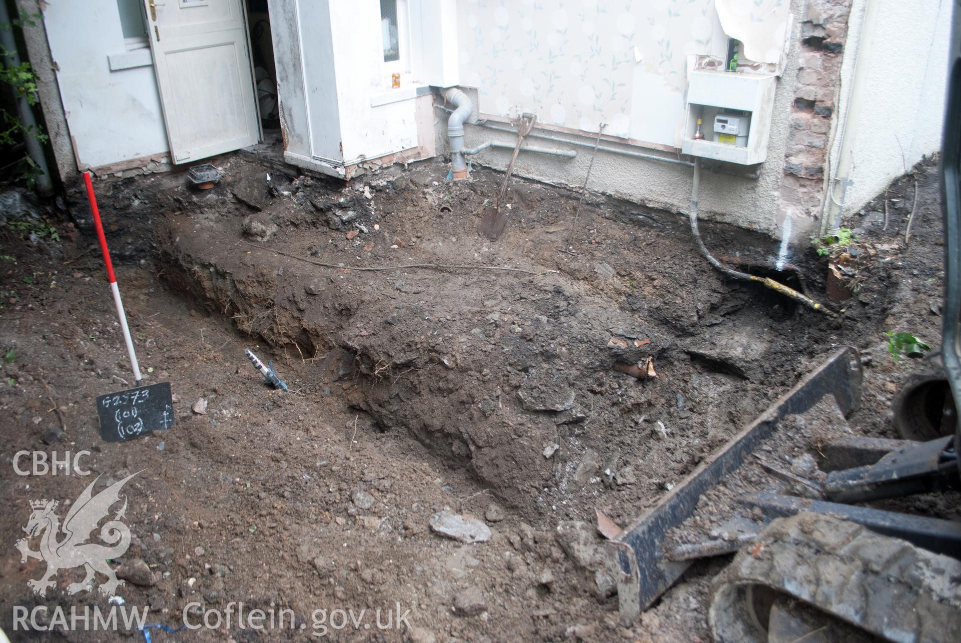 Angled view from the south east of new foundation trenches post-excavation at Gwynle, Bala. Photographed during archaeological watching brief conducted by Gwynedd Archaeological Trust on 21 September 2018. Project no. G2573.