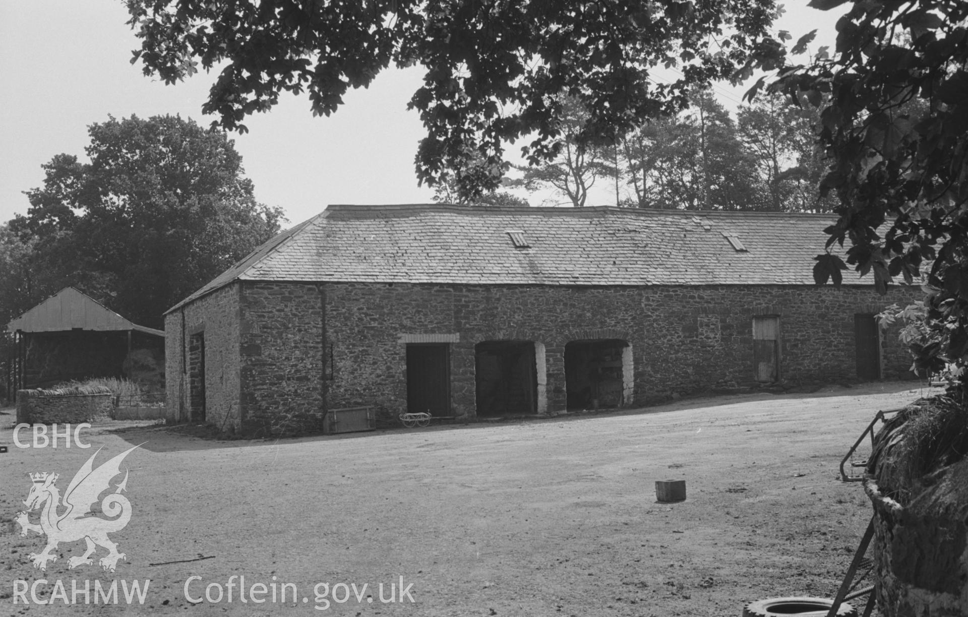 Digital copy of a black and white negative showing view of the farmyard at Old Abbey Farm, Ystrad Fflur. Photographed by Arthur O. Chater in August 1967. (Looking south east from Grid Reference SN 7178 6471).