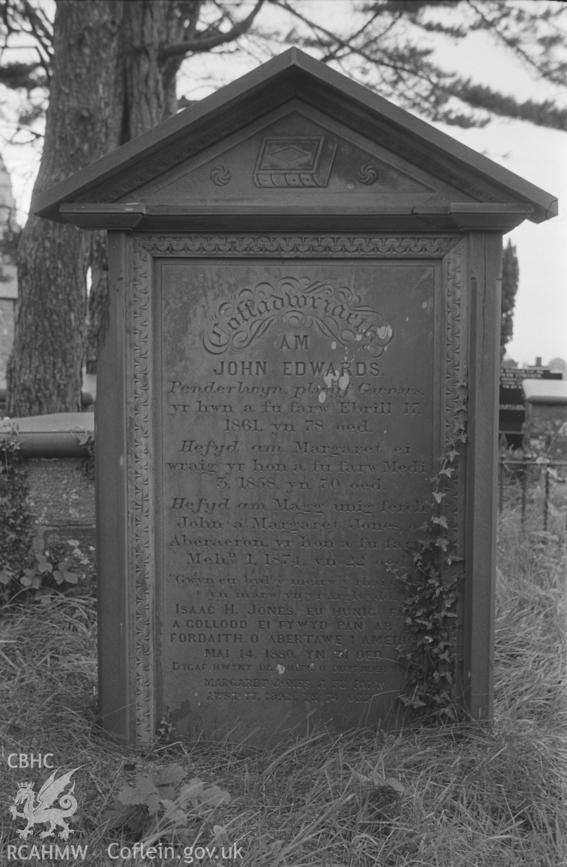 Digital copy of a black and white negative showing gravestone to the memory of the Edwards family of Penderlwyn, at St. David's Church, Henfynyw, Aberaeron. Photographed by Arthur O. Chater on 5th September 1966 from Grid Reference SN 447 613.