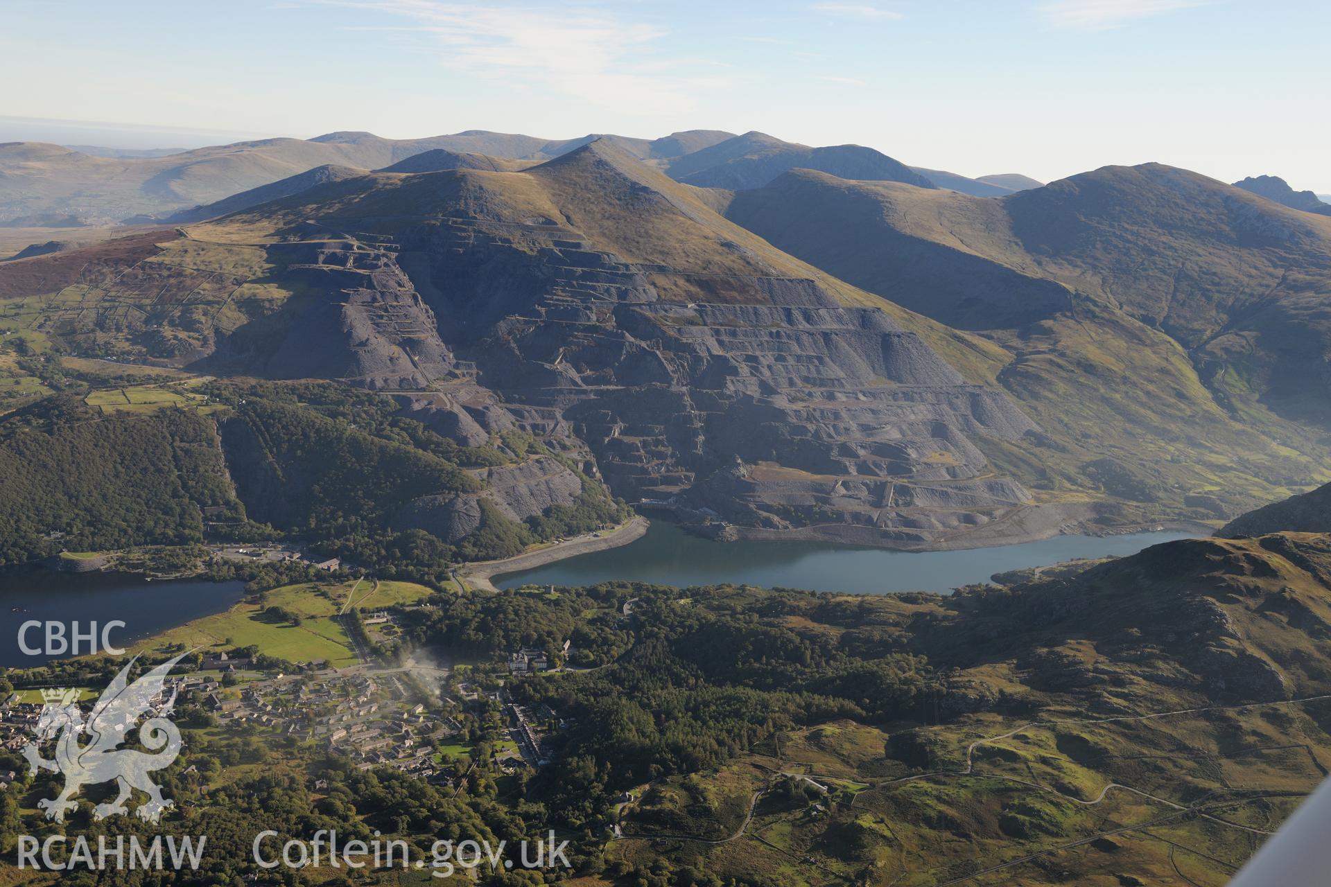 Dinorwic slate quarry and the town of Llanberis. Oblique aerial photograph taken during the Royal Commission's programme of archaeological aerial reconnaissance by Toby Driver on 2nd October 2015.