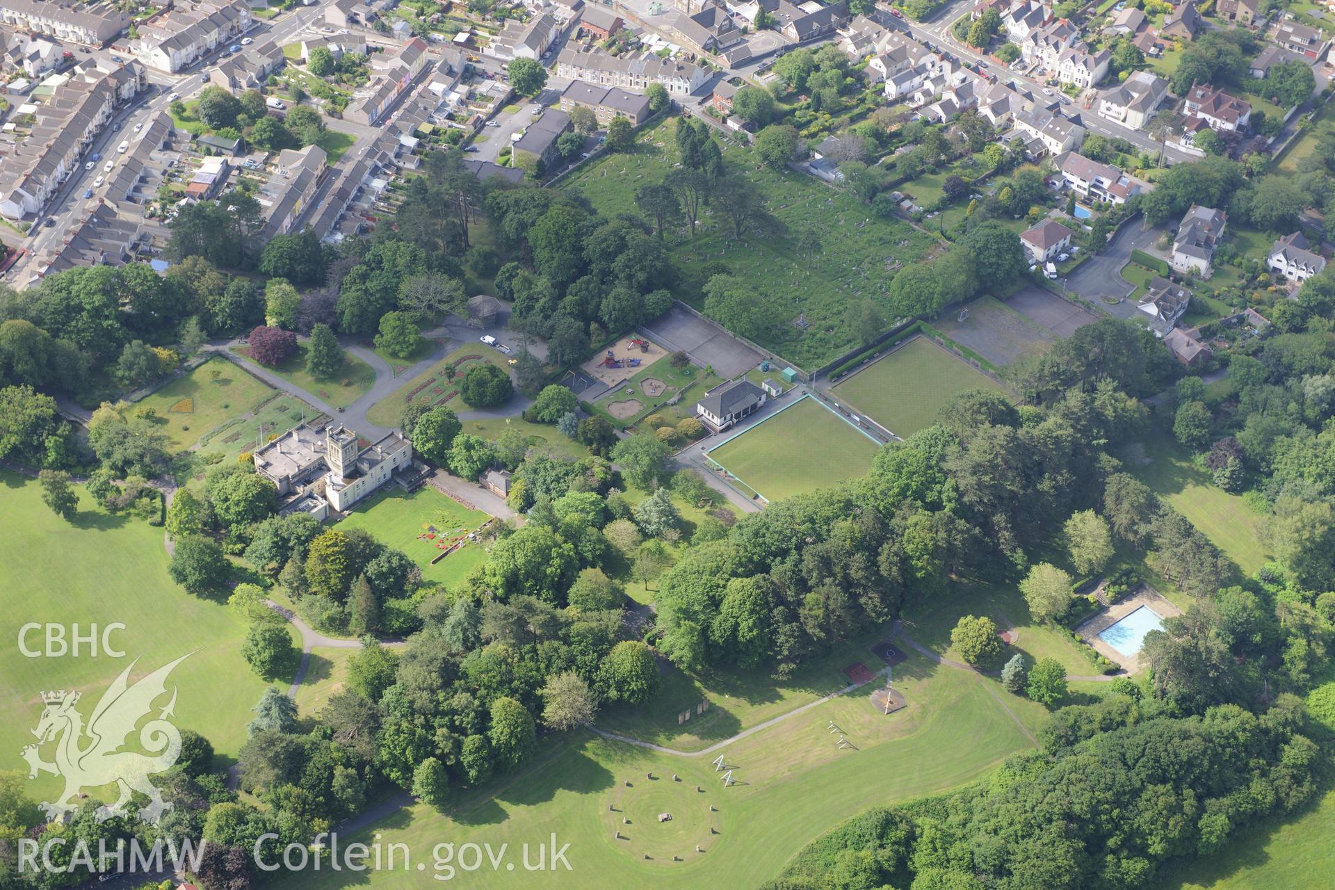 Bryncaerau Castle (now Parc Howard Museum); Parc Howard Gardens and the grounds and gardens of Bryncaerau, on the north western outskirts of Llanelli. Oblique aerial photograph taken during the Royal Commission's programme of archaeological aerial reconnaissance by Toby Driver on 19th June 2018