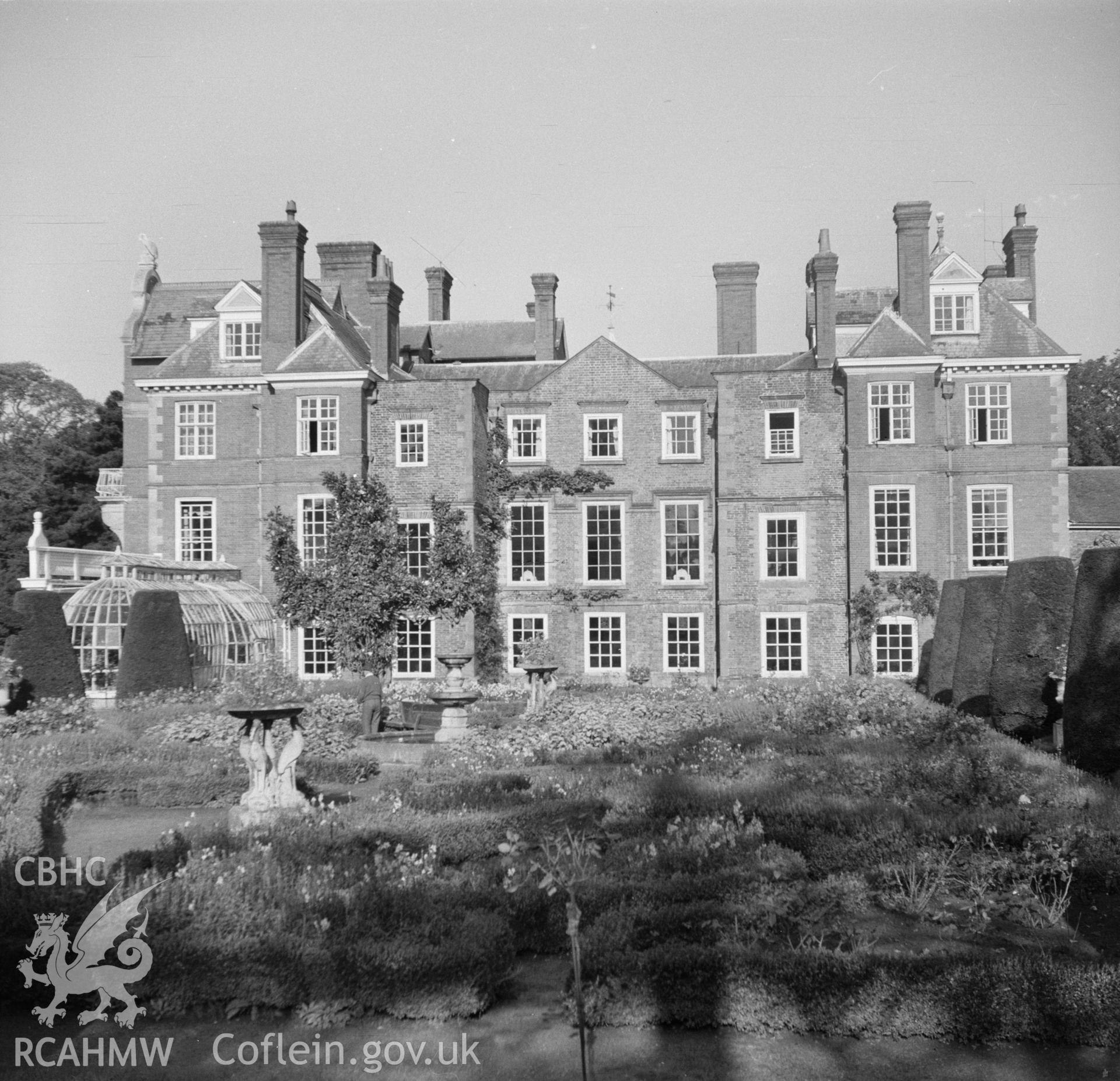 Digital copy of an undated nitrate negative showing view of Bodrhyddan Hall and gardens, Rhuddlan, Flintshire.