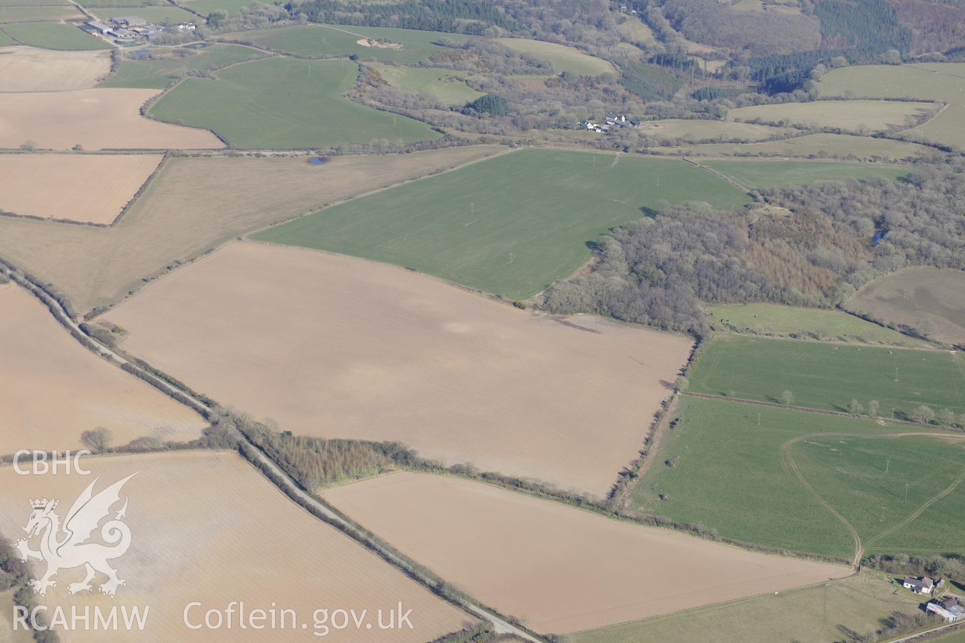 Causewayed enclosure and defended enclosure north east of Dryslwyn, south west of Cardigan. Oblique aerial photograph taken during the Royal Commission's programme of archaeological aerial reconnaissance by Toby Driver on 2nd April 2013.