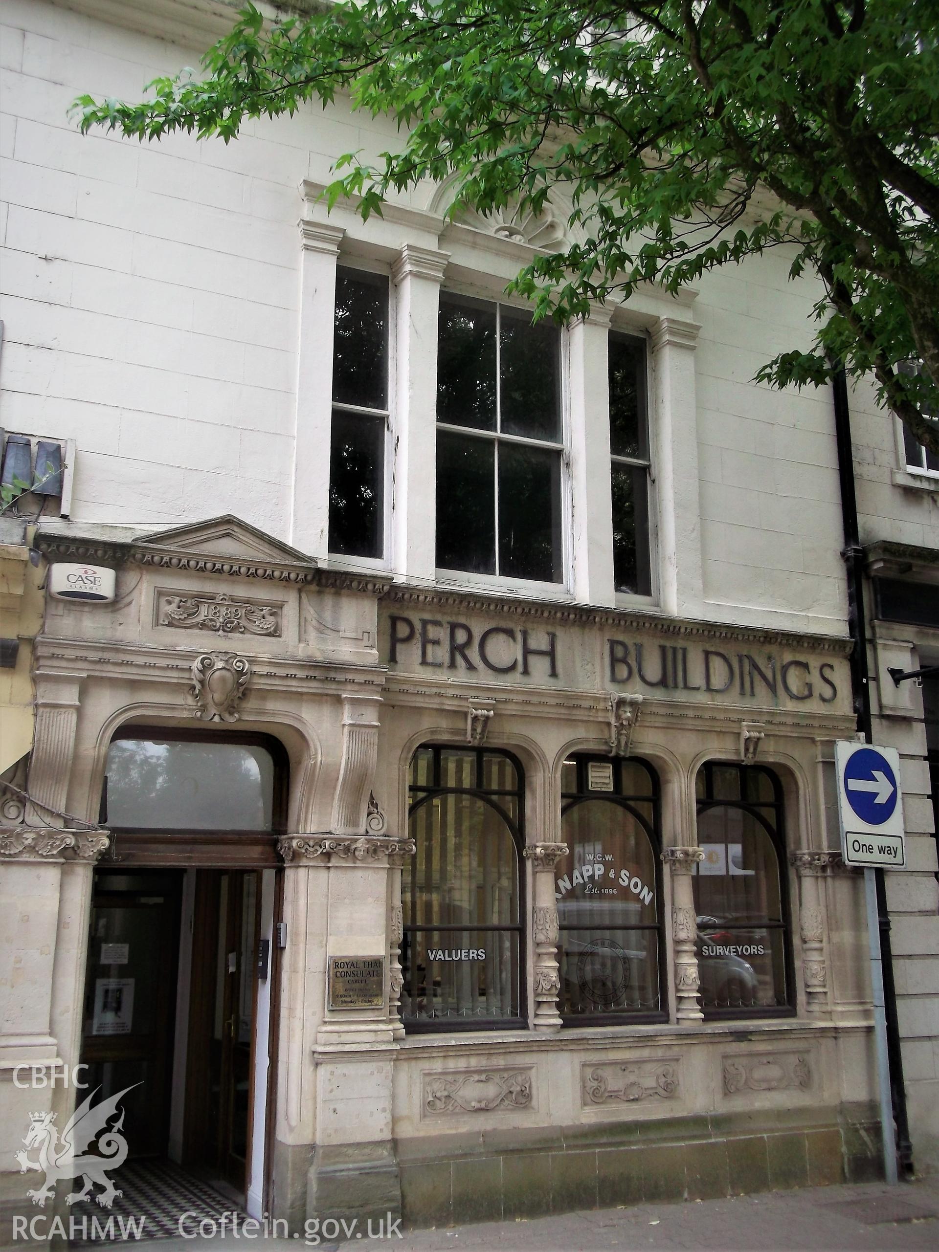 Colour photograph showing exterior of Perch Buildings, Mount Stuart Square, Butetown, taken by Adam Coward on 10th July 2018.