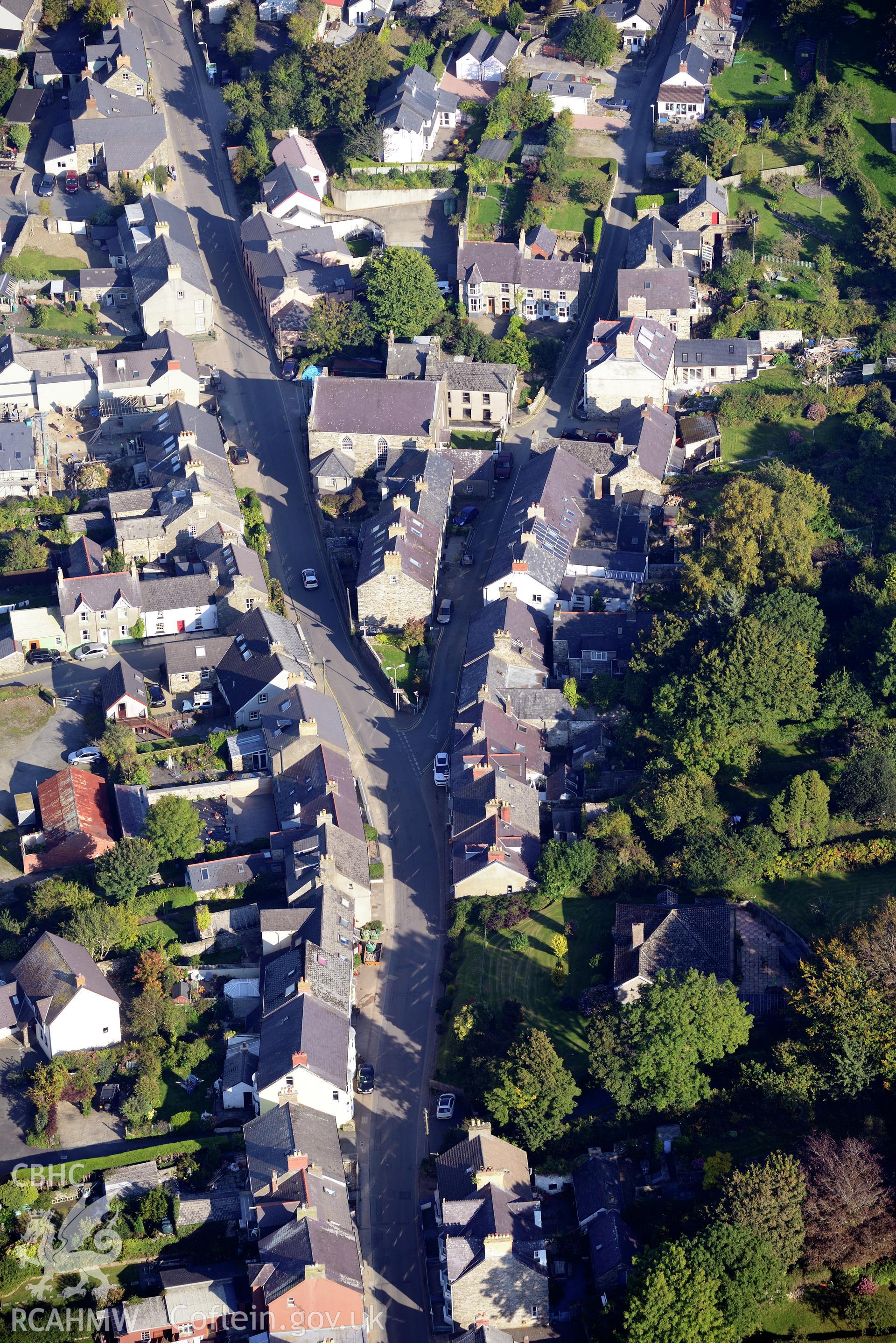 Bethlehem Welsh Baptist Church in the town of Newport, Pembrokeshire. Oblique aerial photograph taken during the Royal Commission's programme of archaeological aerial reconnaissance by Toby Driver on 30th September 2015.