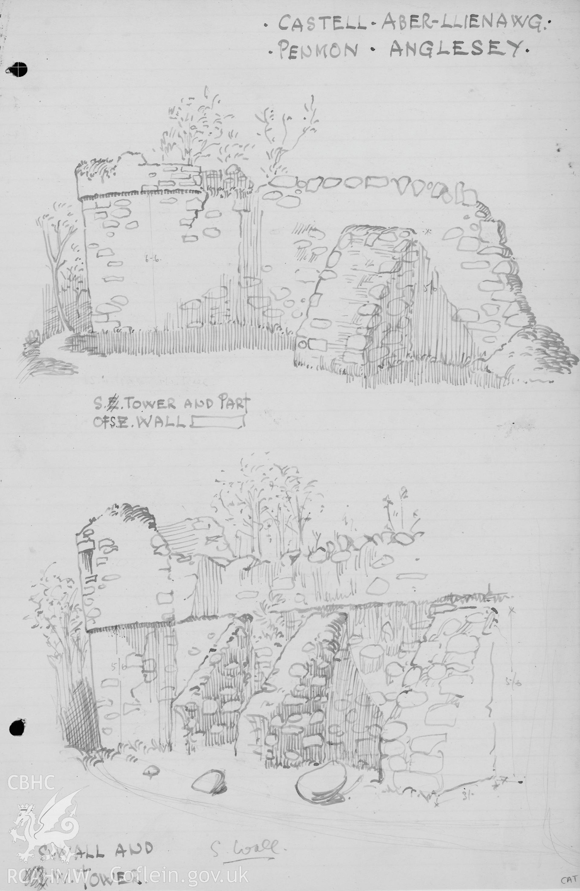 Pencil sketch of Castell Lleiniog, Penmon.