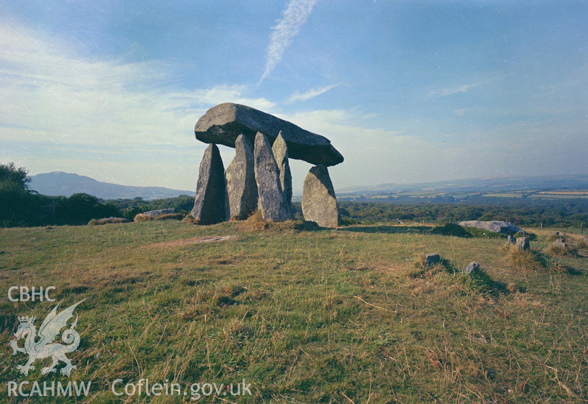 Digital copy of a colour negative showing view of Pentre Ifan Cromlech, taken by RCAHMW.