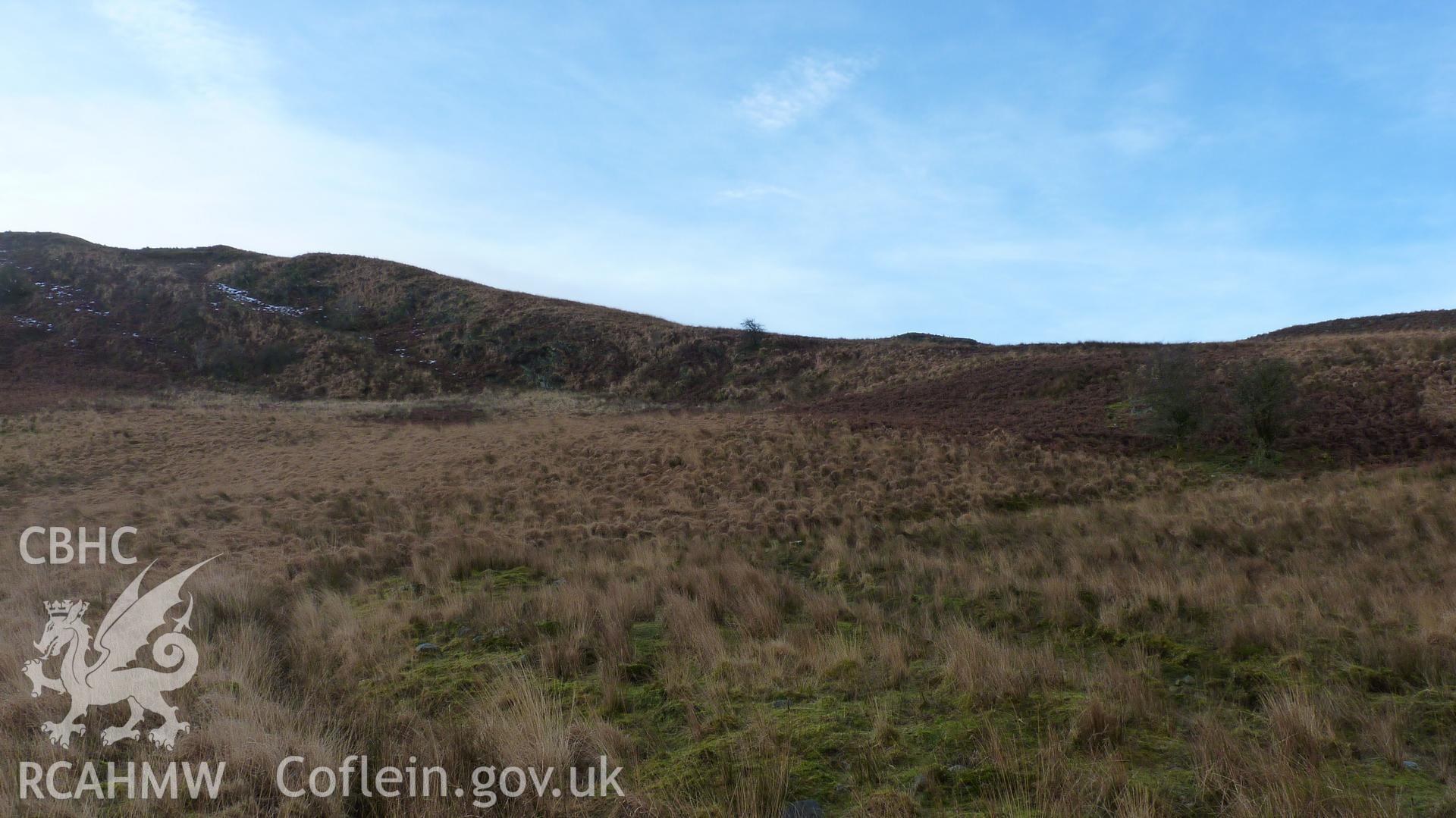 View of location of Cerrig Llwydion deserted rural settlement. Looking west south west. Photographed for Archaeological Desk Based Assessment of Afon Claerwen, Elan Valley, Rhayader. Assessment conducted by Archaeology Wales in 2017-18. Project no. 2573.