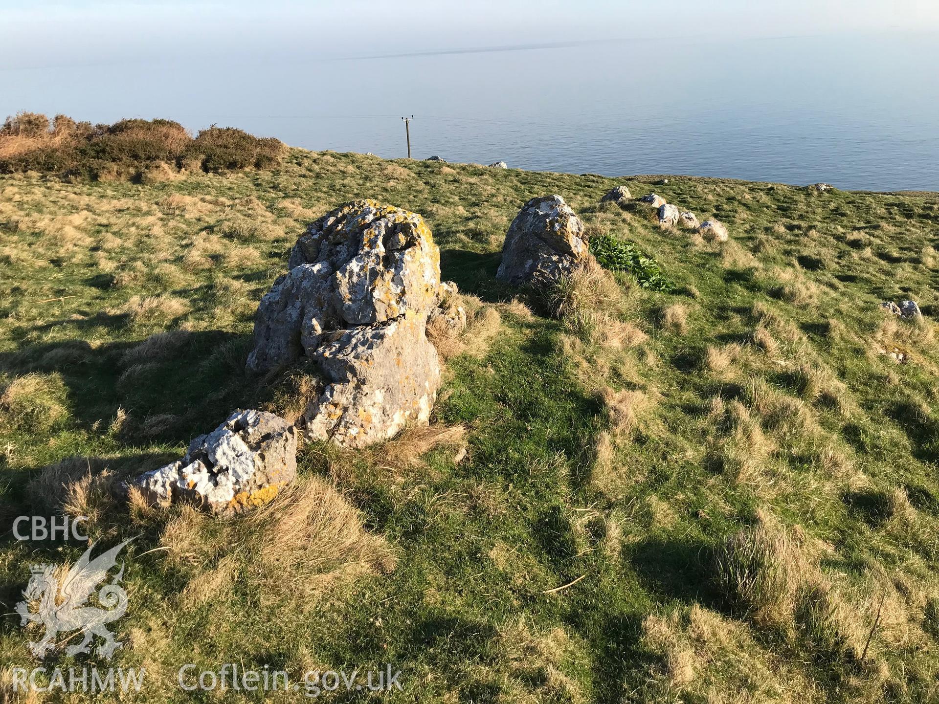 Colour photo showing view of Hwylfa'r Ceirw Stone Alignment, taken by Paul R. Davis, 2018.