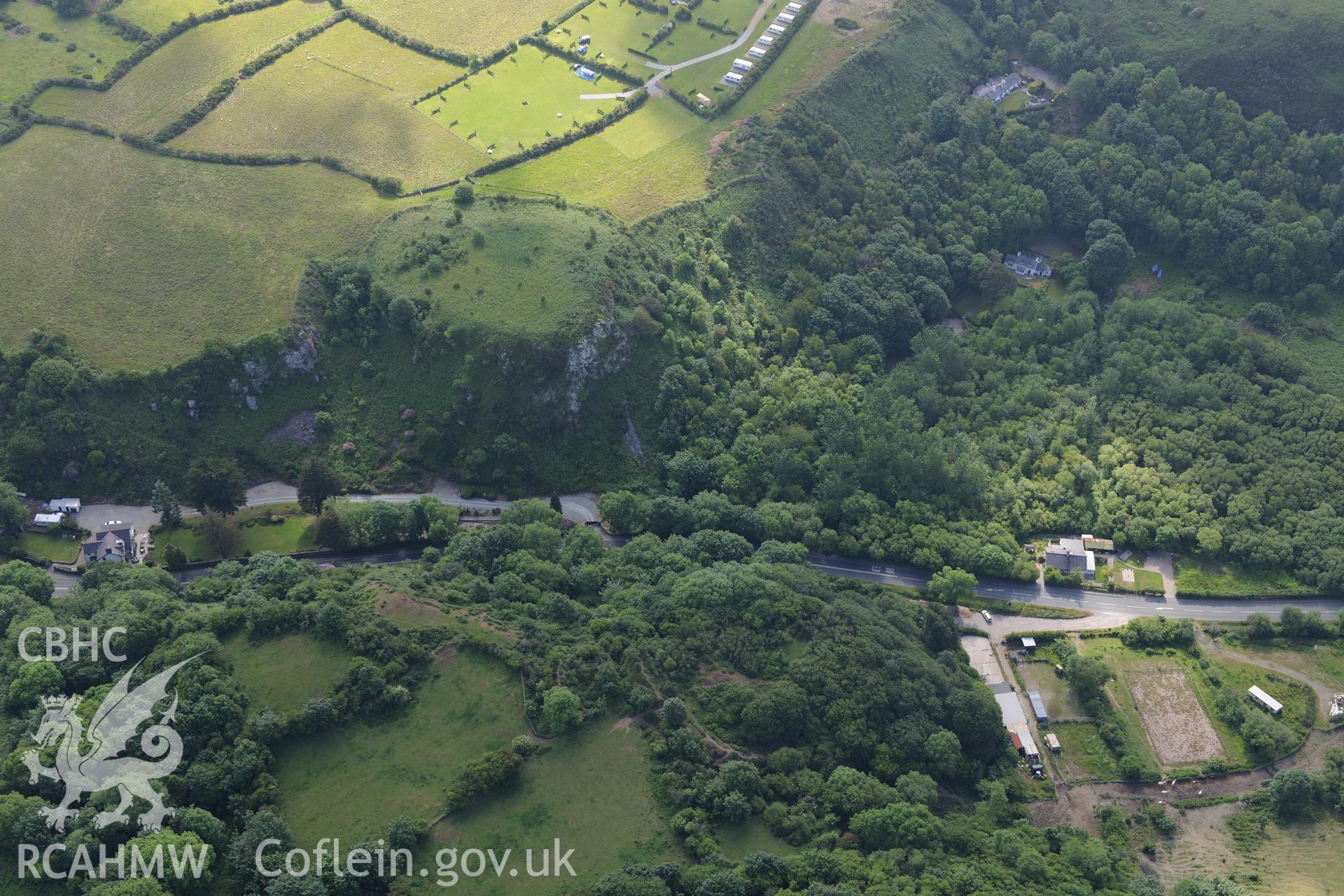 Pen-y-Gaer and Nant Castell enclosures, Llanbedrog. Oblique aerial photograph taken during the Royal Commission's programme of archaeological aerial reconnaissance by Toby Driver on 23rd June 2015.