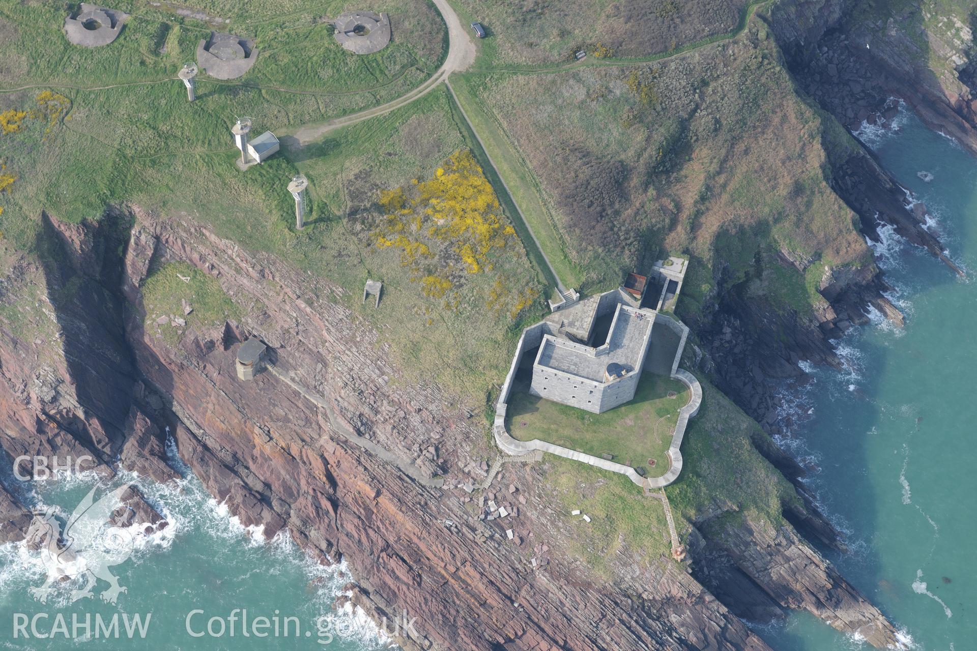 Aerial photography of West Blockhouse taken on 27th March 2017. Baseline aerial reconnaissance survey for the CHERISH Project. ? Crown: CHERISH PROJECT 2017. Produced with EU funds through the Ireland Wales Co-operation Programme 2014-2020. All material made freely available through the Open Government Licence.