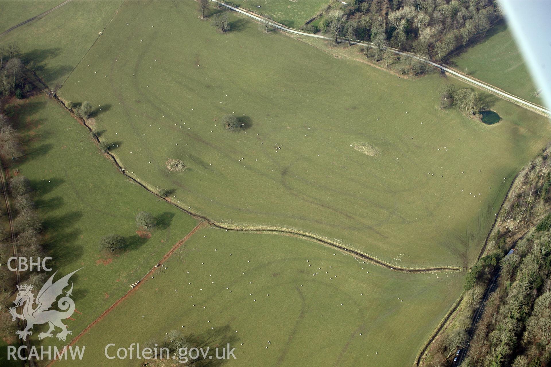 Penbedw Park stone circle, Nannerch, north west of Mold. Oblique aerial photograph taken during the Royal Commission?s programme of archaeological aerial reconnaissance by Toby Driver on 28th February 2013.