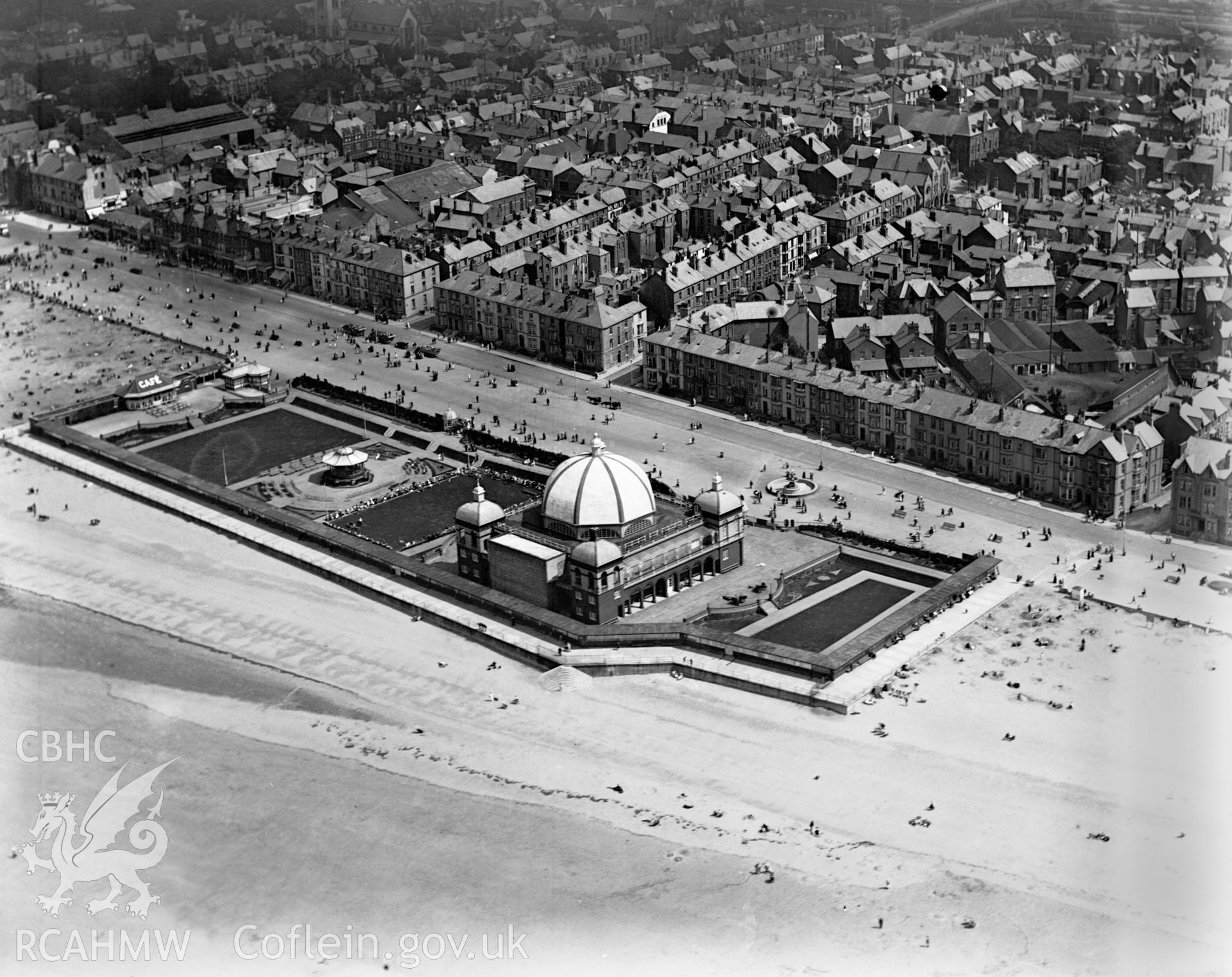 View of Rhyl showing the new pavillion and bandstand complex, oblique aerial view. 5?x4? black and white glass plate negative.