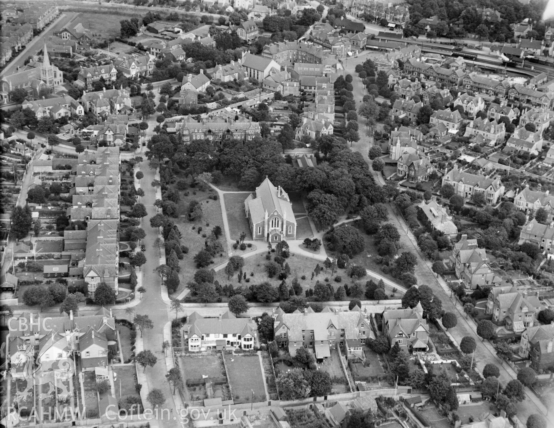 All Saints church, Penarth, oblique aerial view. 5?x4? black and white glass plate negative.