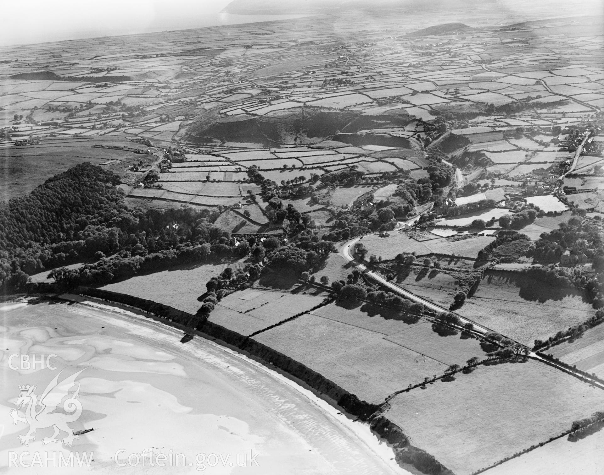 View of landscape near Llanbedrog, oblique aerial view. 5?x4? black and white glass plate negative.