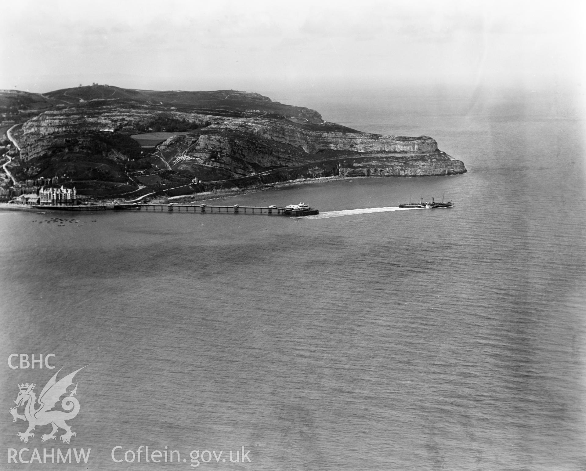 View of Llandudno showing pier and steam paddle ship, oblique aerial view. 5?x4? black and white glass plate negative.