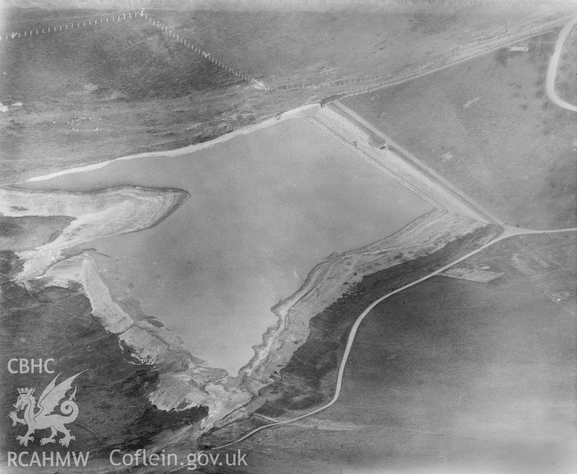 View of reservoir near Brynmawr, oblique aerial view. 5?x4? black and white glass plate negative.