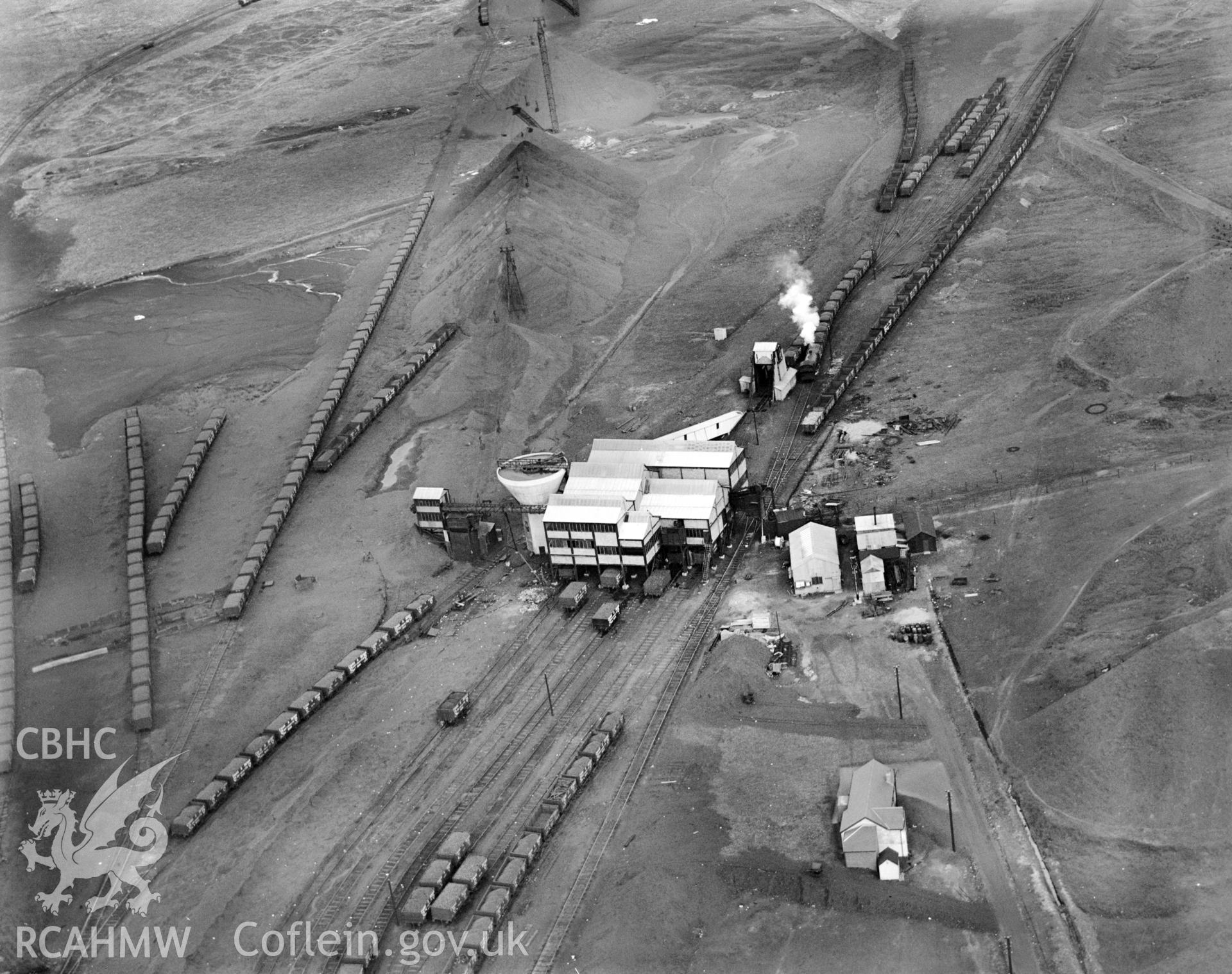 View of Onllwyn coal washery, processing and distribution centre, commissioned by Evans & Bevan, Neath. Oblique aerial photograph, 5?x4? BW glass plate.