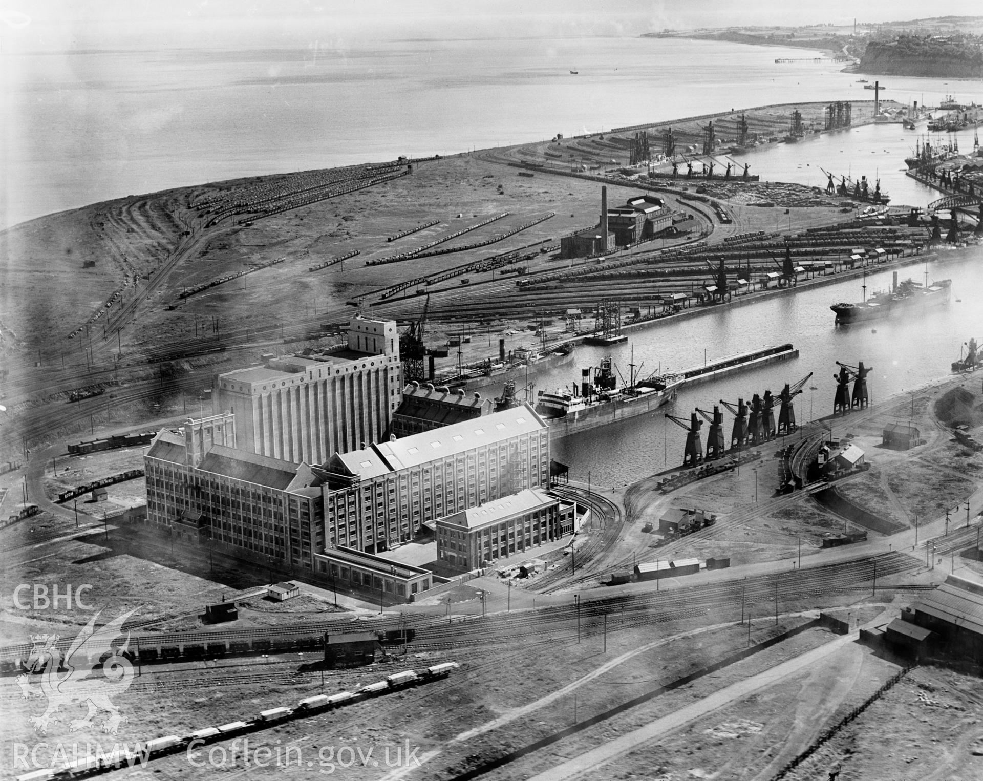 View of Spillers Ltd., Cardiff, oblique aerial view. 5?x4? black and white glass plate negative.