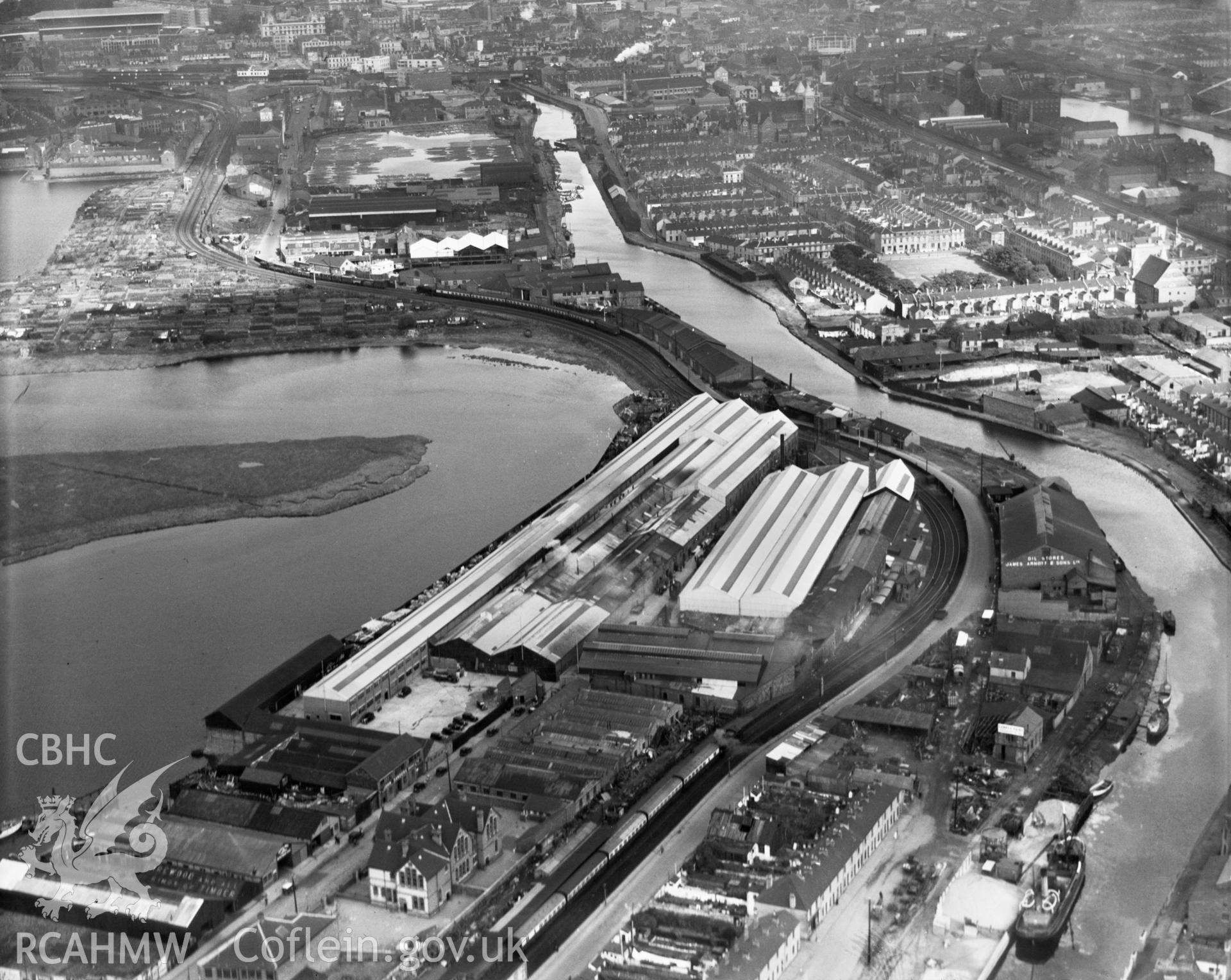 View of Bute Ironworks, Cardiff, oblique aerial view. 5?x4? black and white glass plate negative.