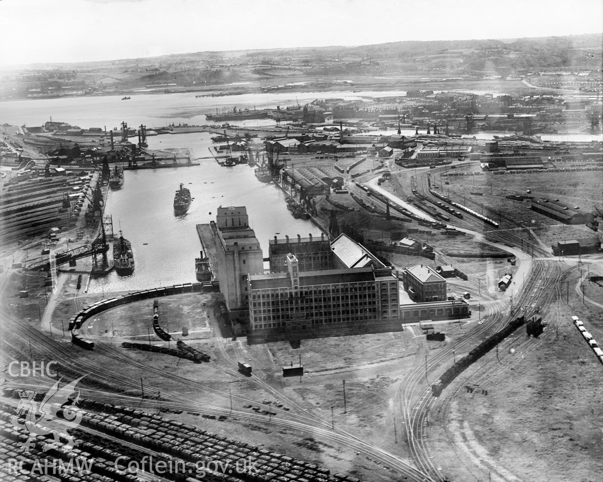 View of Spillers Ltd., Cardiff, oblique aerial view. 5?x4? black and white glass plate negative.