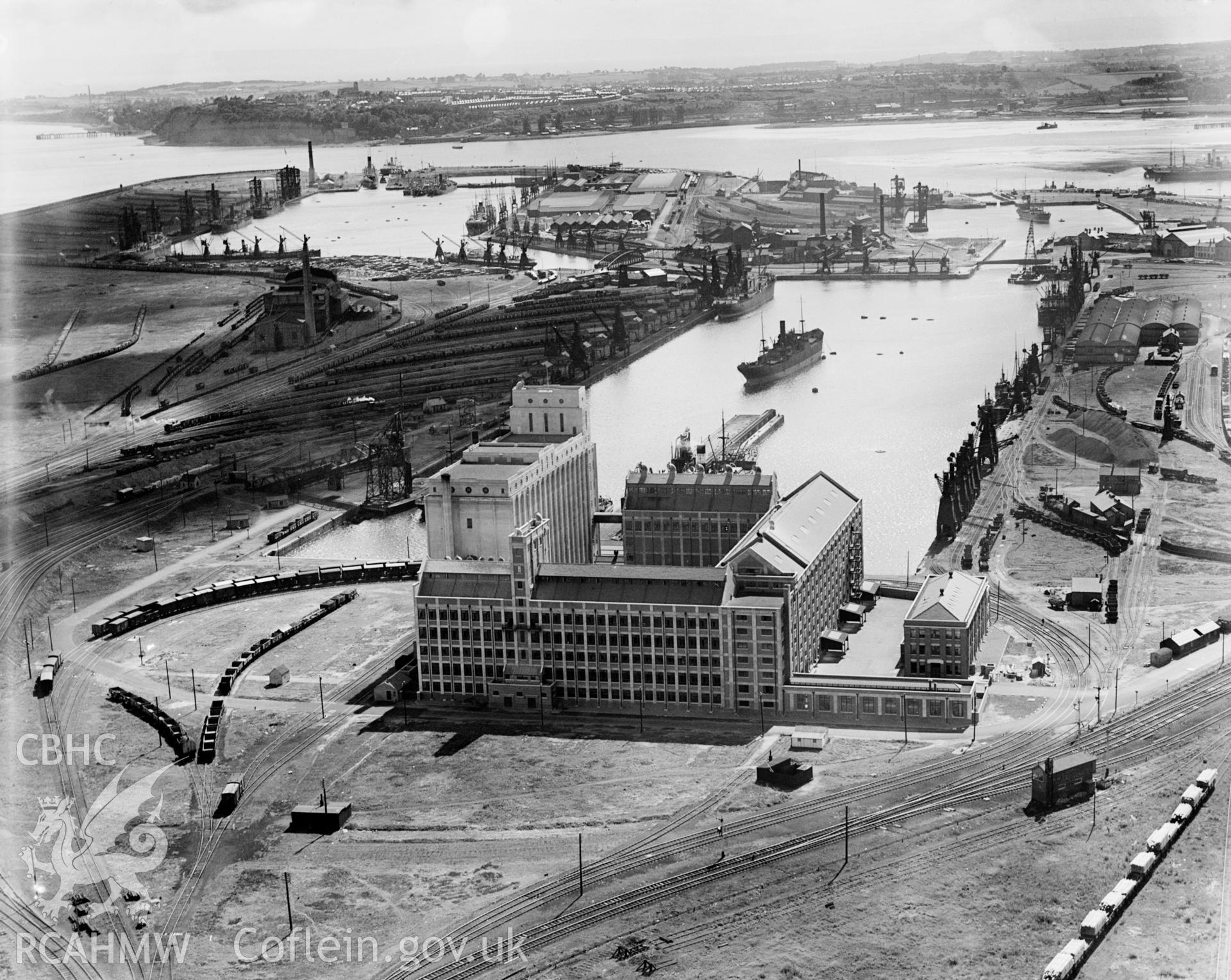 View of Spillers Ltd., Cardiff, oblique aerial view. 5?x4? black and white glass plate negative.