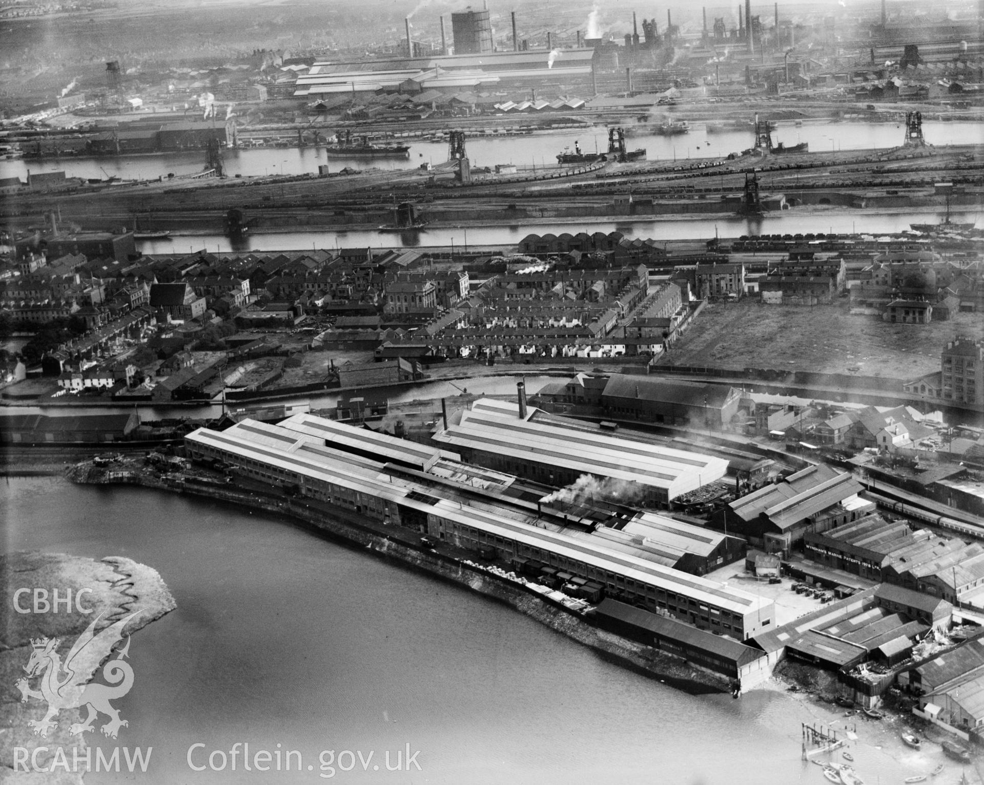 View of Bute Ironworks, Cardiff, oblique aerial view. 5?x4? black and white glass plate negative.