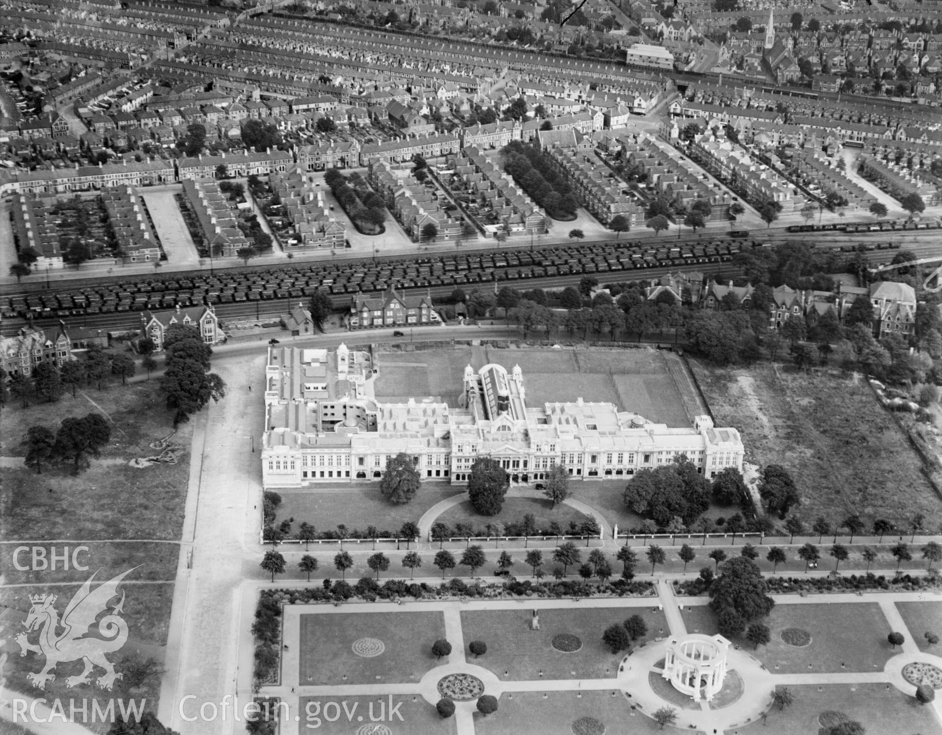 Cardiff University, Cathays Park, oblique aerial view. 5?x4? black and white glass plate negative.