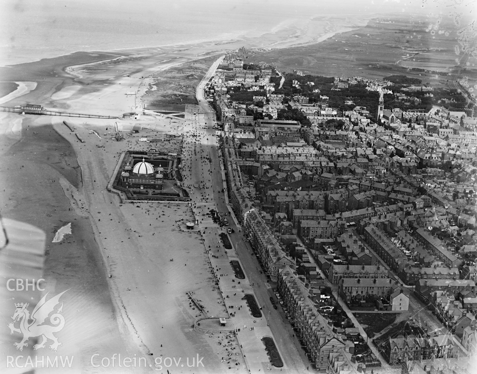 View of Rhyl showing the new pavillion and bandstand complex, oblique aerial view. 5?x4? black and white glass plate negative.