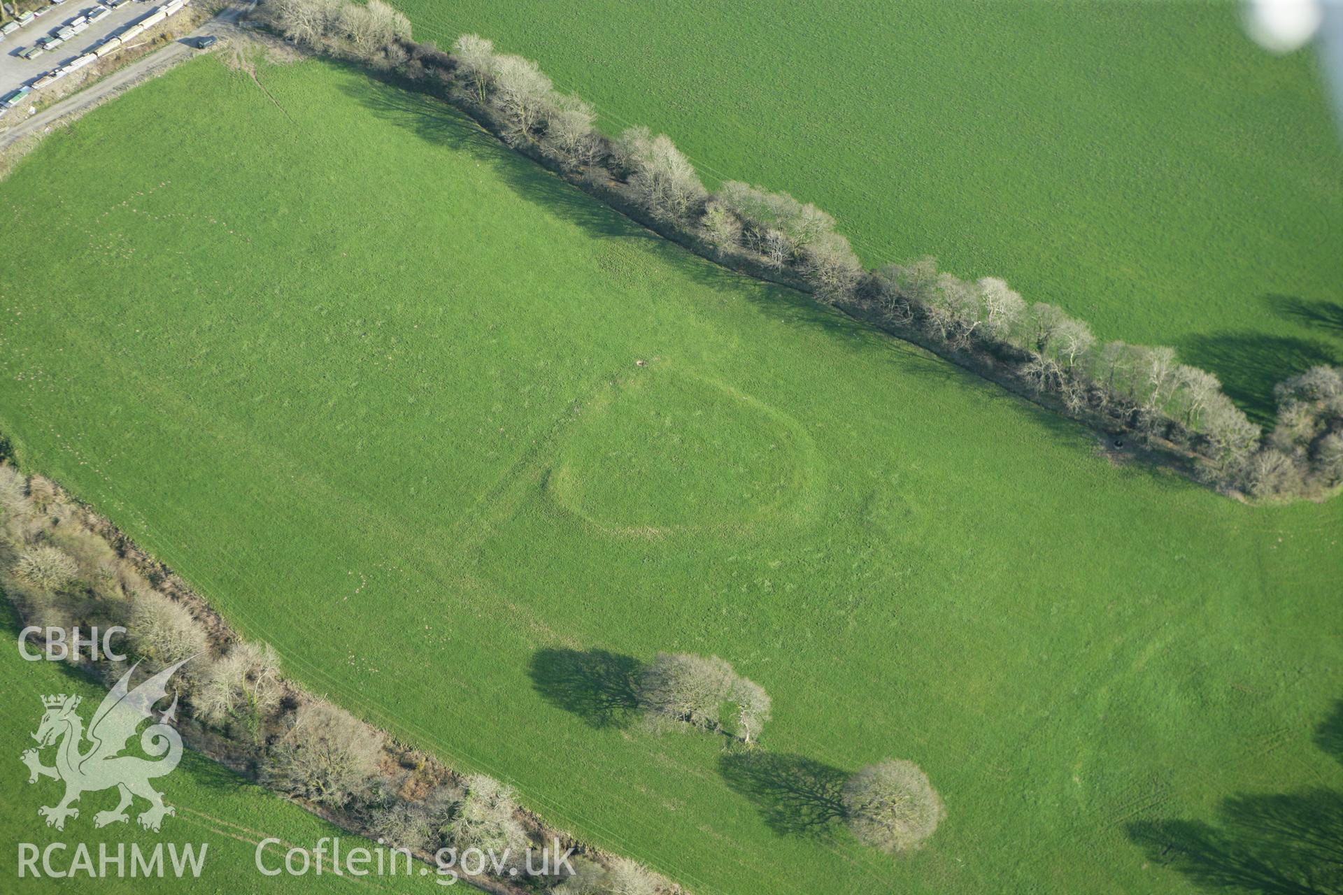 RCAHMW colour oblique aerial photograph of Velindre Enclosure, Llys-y-Fran. Taken on 13 April 2010 by Toby Driver