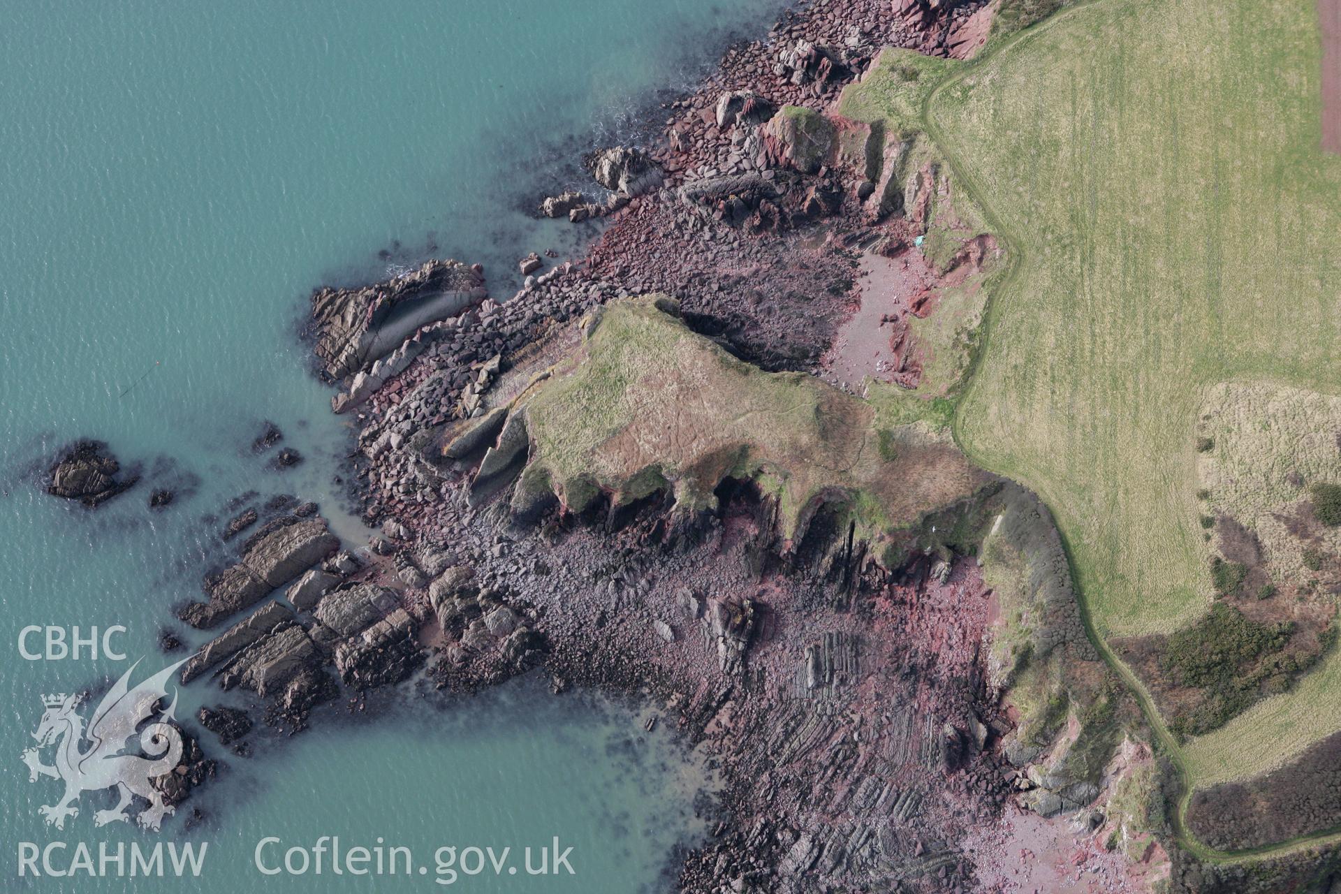 RCAHMW colour oblique aerial photograph of Little Castle Head Enclosure. Taken on 02 March 2010 by Toby Driver