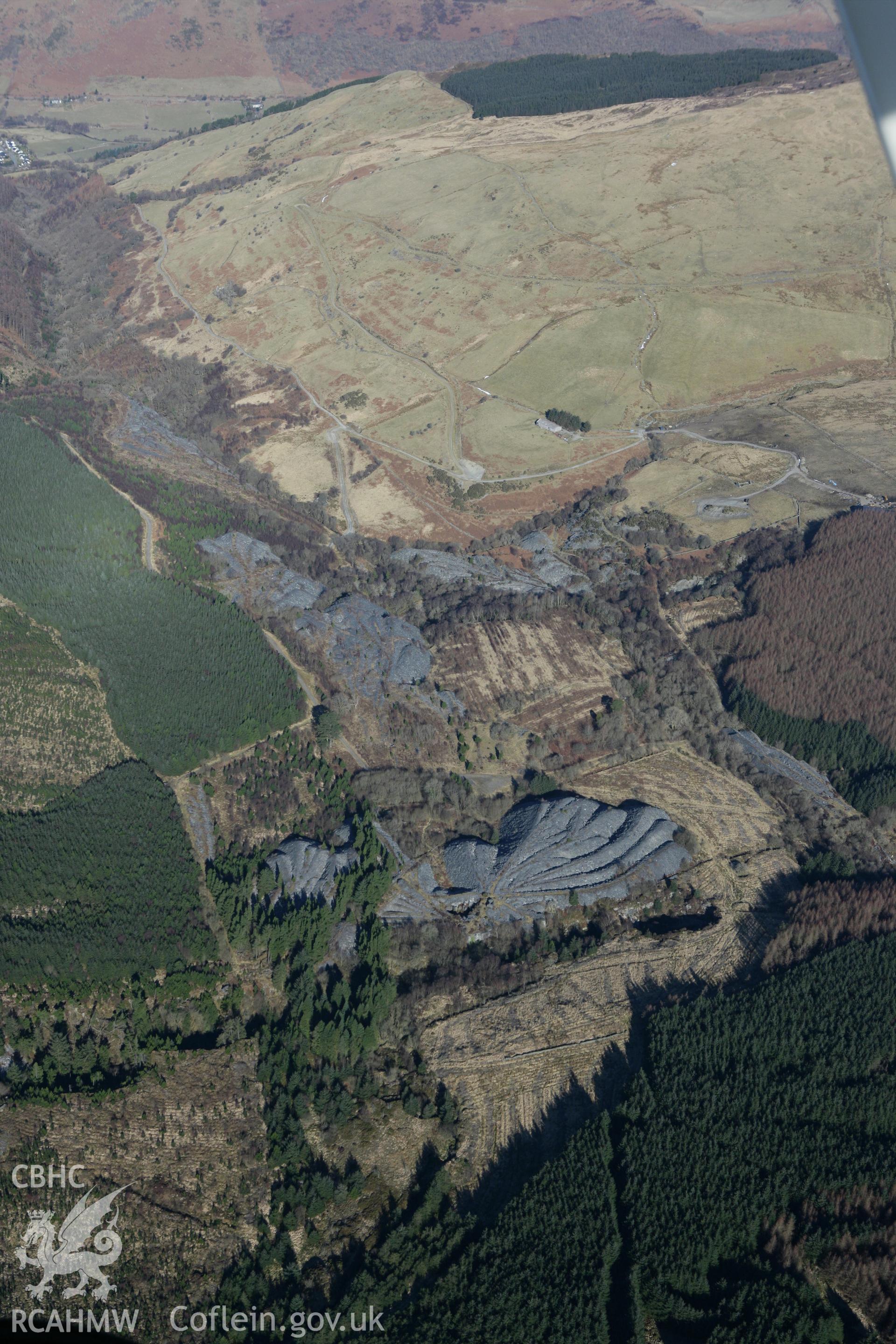 RCAHMW colour oblique photograph of Bryneglwys slate quarry and water powered incline. Taken by Toby Driver on 08/03/2010.