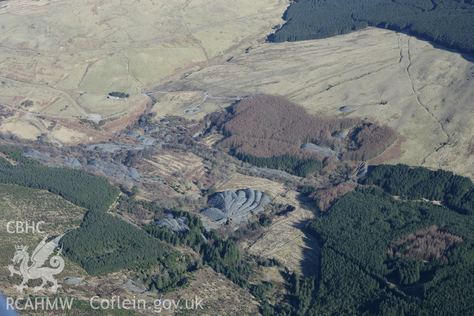 RCAHMW colour oblique photograph of Bryneglwys slate quarry and water powered incline. Taken by Toby Driver on 08/03/2010.