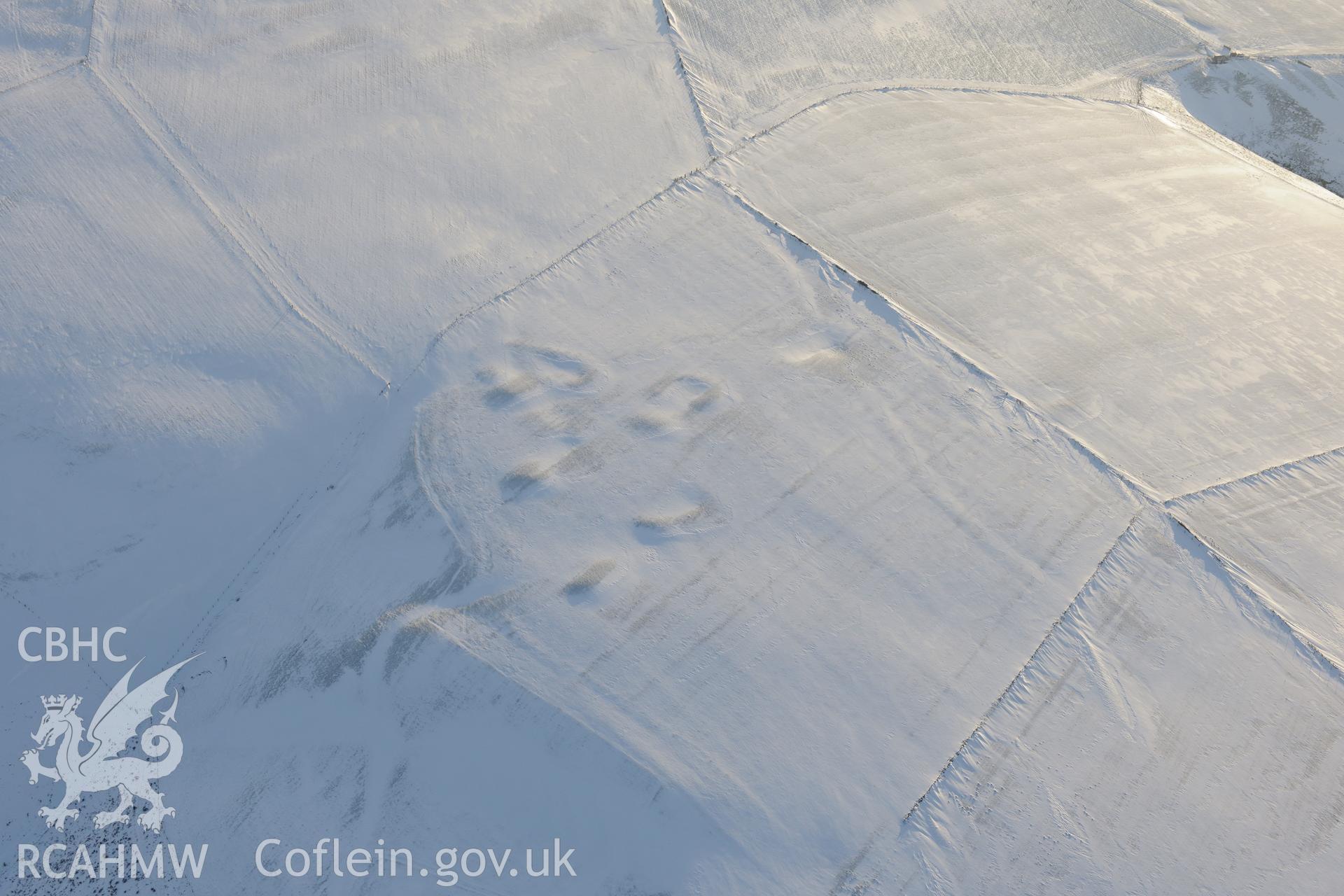 Mynydd Brombil house platforms on the western edge of Margam Forest, Margam, Port Talbot. Oblique aerial photograph taken during the Royal Commission?s programme of archaeological aerial reconnaissance by Toby Driver on 24th January 2013.