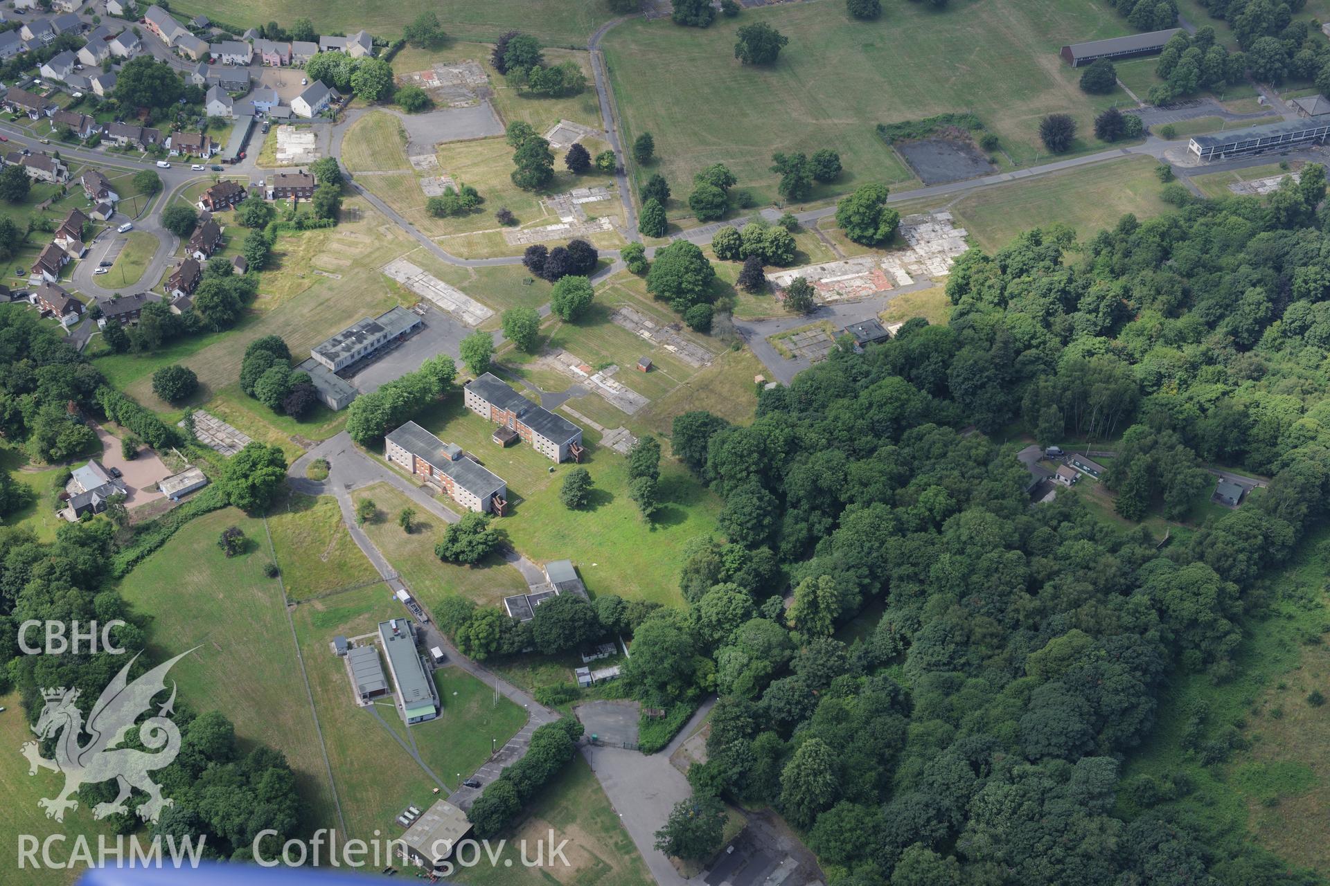 Cwrt-y-Gollen house, garden and army camp, south east of Crickhowell. Oblique aerial photograph taken during Royal Commission?s programme of archaeological aerial reconnaissance by Toby Driver on 1st August 2013.