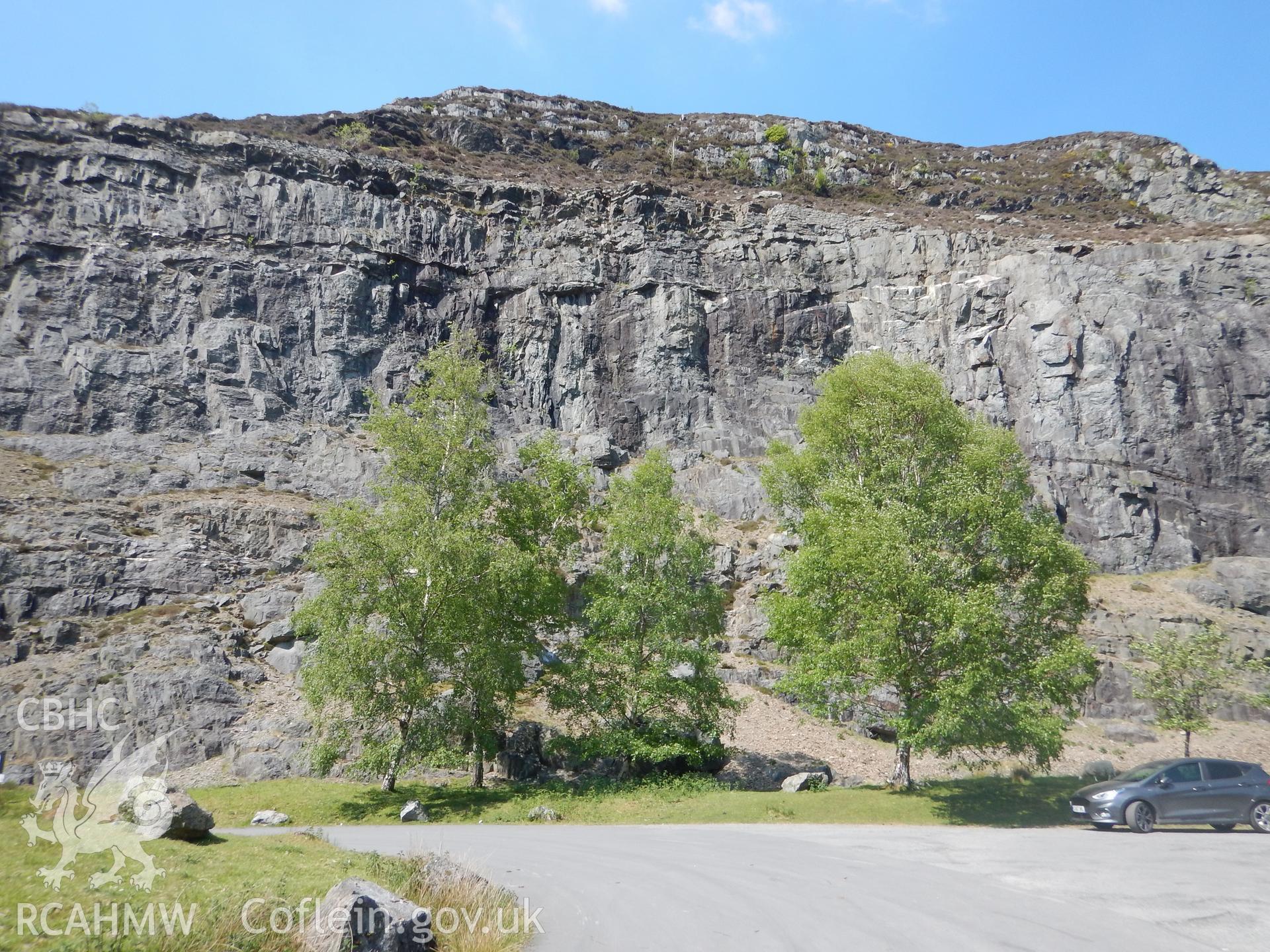 Caban Coch quarry, looking north. Photographed as part of Archaeological Desk Based Assessment of Afon Claerwen, Elan Valley, Rhayader, Powys. Assessment conducted by Archaeology Wales in 2018. Report no. 1681. Project no. 2573.