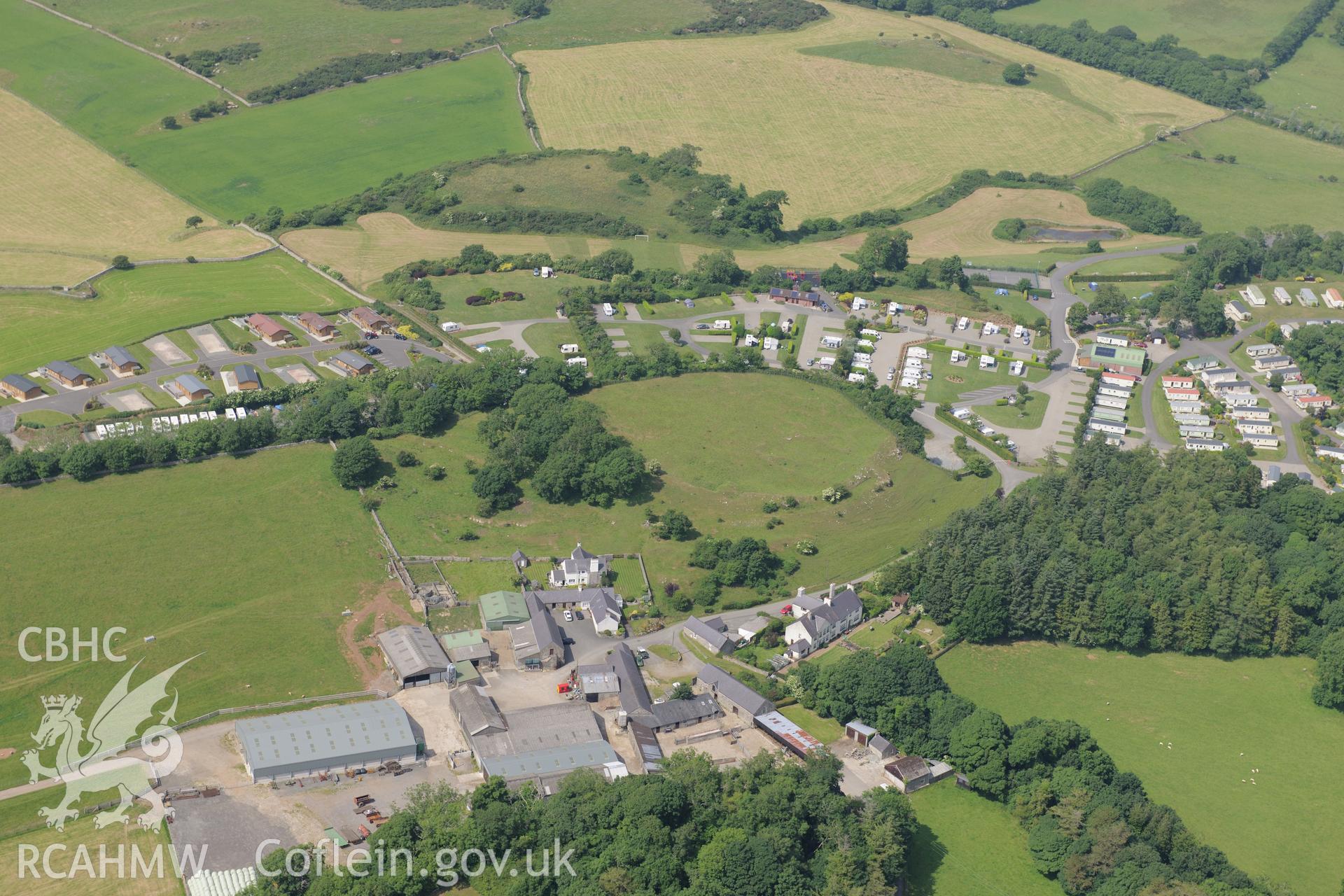 Parciau Hillfort - possible site of Roman building near Moelfre, Anglesey. Oblique aerial photograph taken during the Royal Commission?s programme of archaeological aerial reconnaissance by Toby Driver on 12th July 2013.