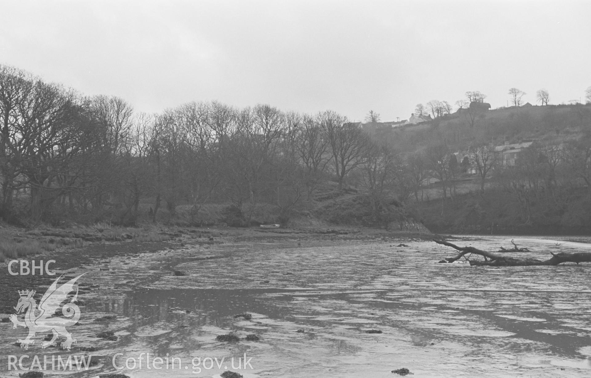 Digital copy of a black and white negative showing motte of old Norman Castle (centre, in trees) by Old Castle Farm, Cardigan. Photographed by Arthur O. Chater in September 1966 looking south west from Grid Reference SN 1651 4655.