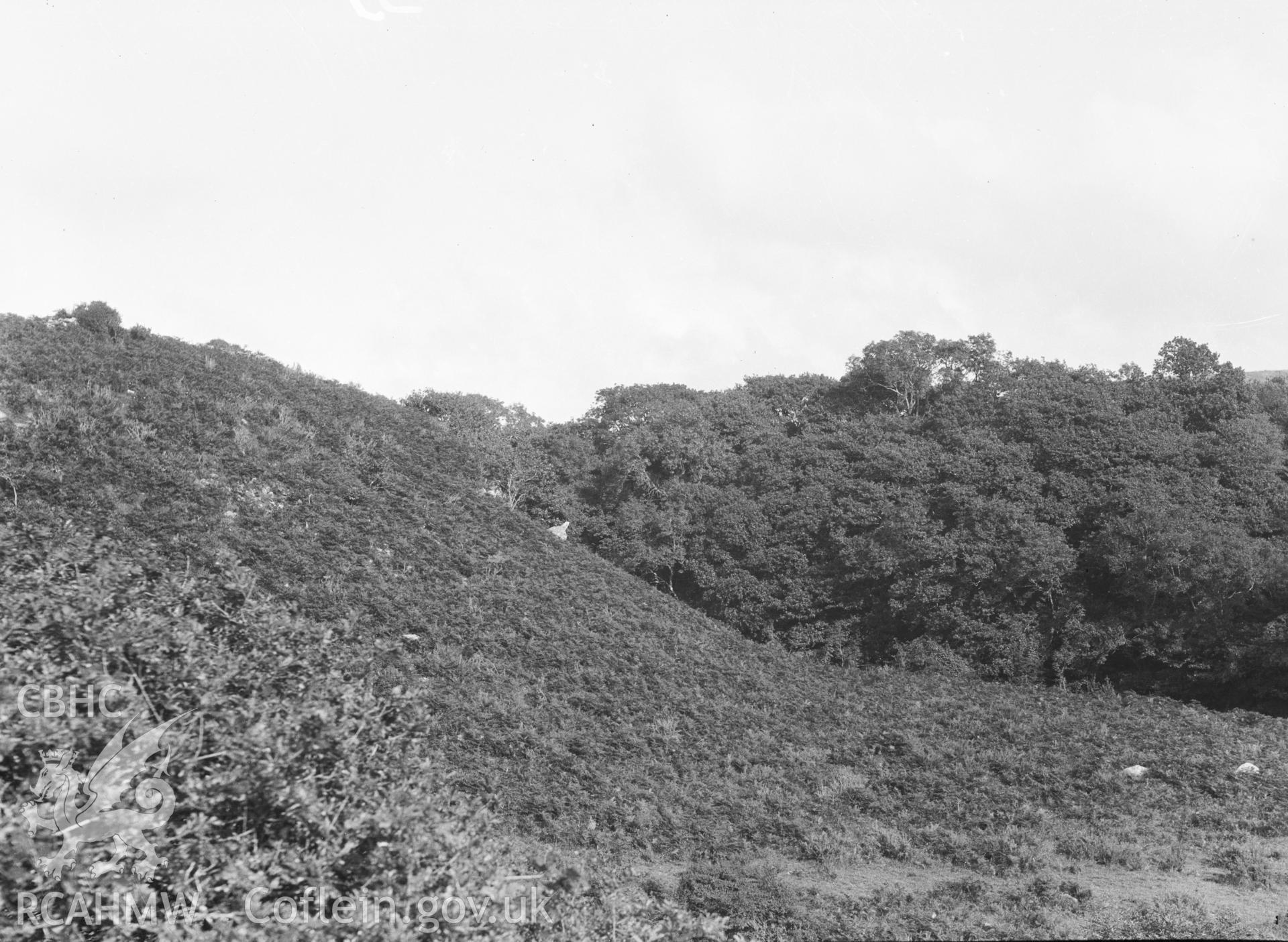 Digital copy of a nitrate negative showing Craig y Dinas Camp.