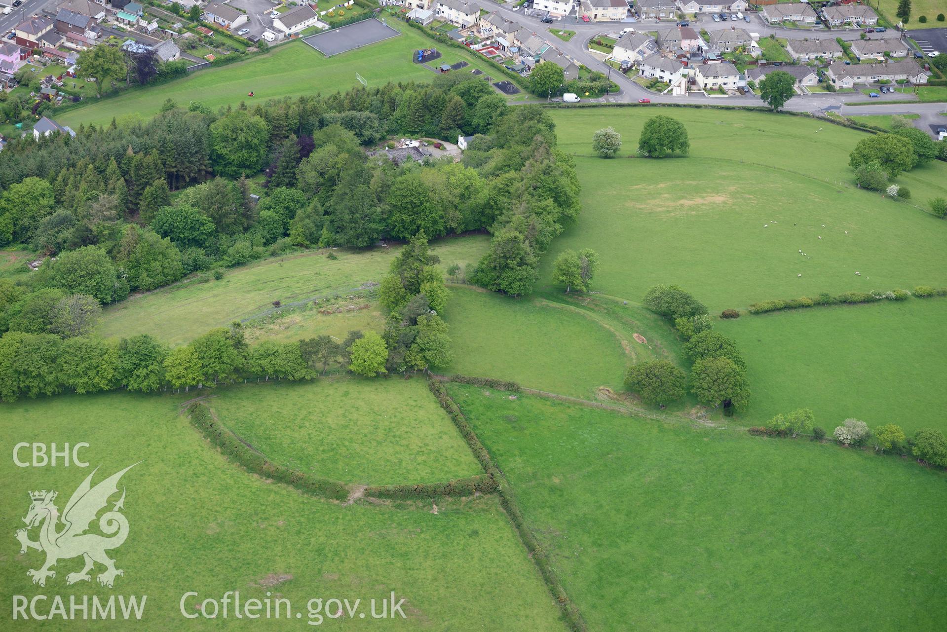 Pen-y-Gaer Hillfort, Llanybydder. Oblique aerial photograph taken during the Royal Commission's programme of archaeological aerial reconnaissance by Toby Driver on 3rd June 2015.