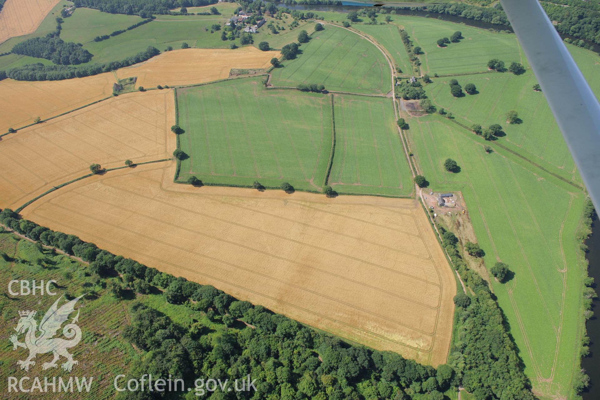 Little Hadnock Roman site, near the Wales-England border, north east of Monmouth. Oblique aerial photograph taken during the Royal Commission?s programme of archaeological aerial reconnaissance by Toby Driver on 1st August 2013.