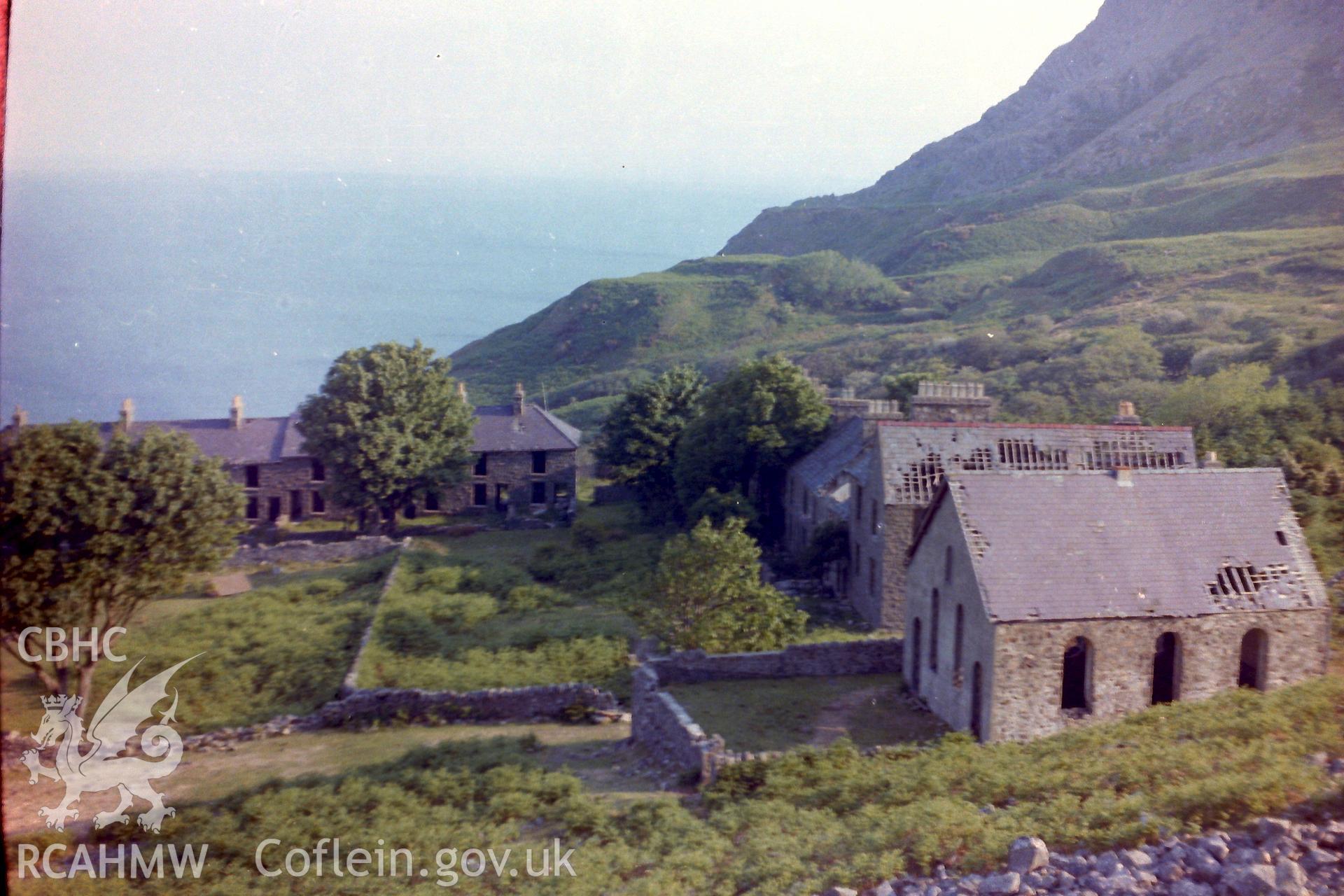 Digitised colour photograph showing chapel, bakery and Mountain View terrace at Porth-y-Nant. Produced for dissertation: 'The Form and Architecture of Nineteenth Century Industrial Settlements in Rural Wales' by Martin Davies, 1979.