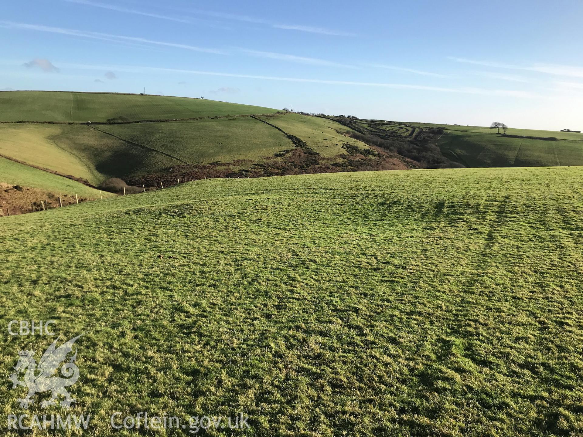 Digital colour photograph showing house platform II west of Mynydd Ty-Talwyn, Llangynwyd Lower, taken by Paul Davis on 11th January 2020.