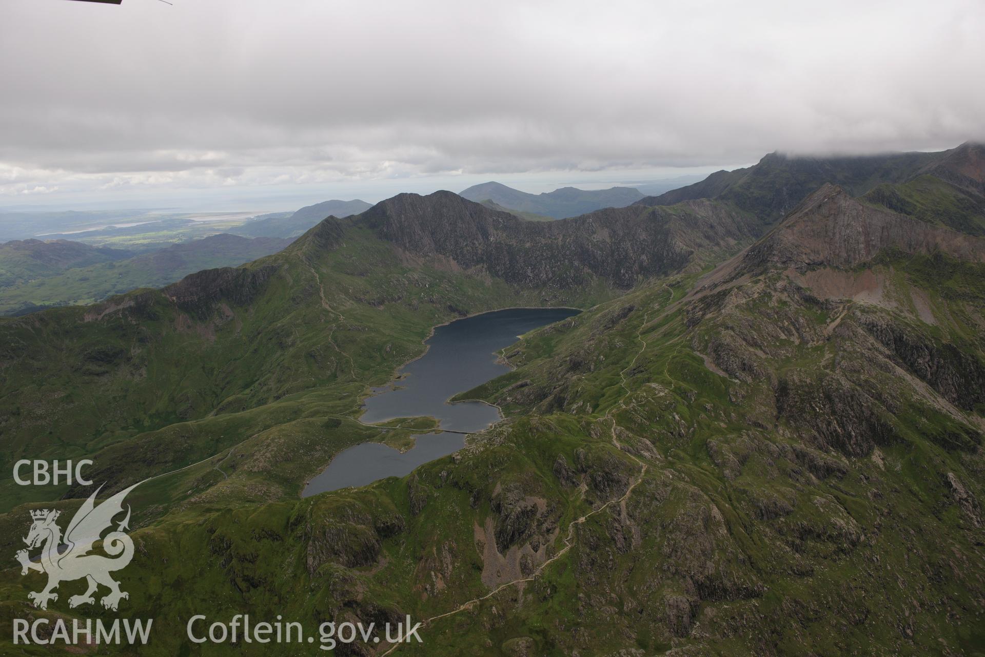 Llyn Llydaw, Snowdon. Oblique aerial photograph taken during the Royal Commission's programme of archaeological aerial reconnaissance by Toby Driver on 30th July 2015.