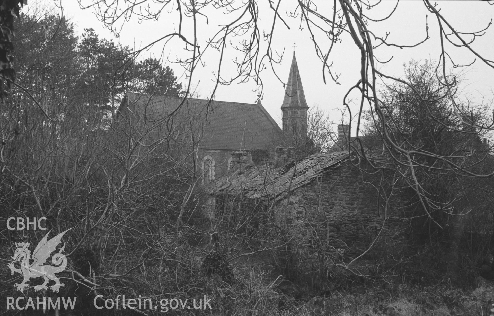 Digital copy of a black and white negative showing derelict cottages and Soar Methodist Chapel at Tre'r Ddol. Photographed in December 1963 by Arthur O. Chater from Grid Reference SN 6600 9217, looking west south west.