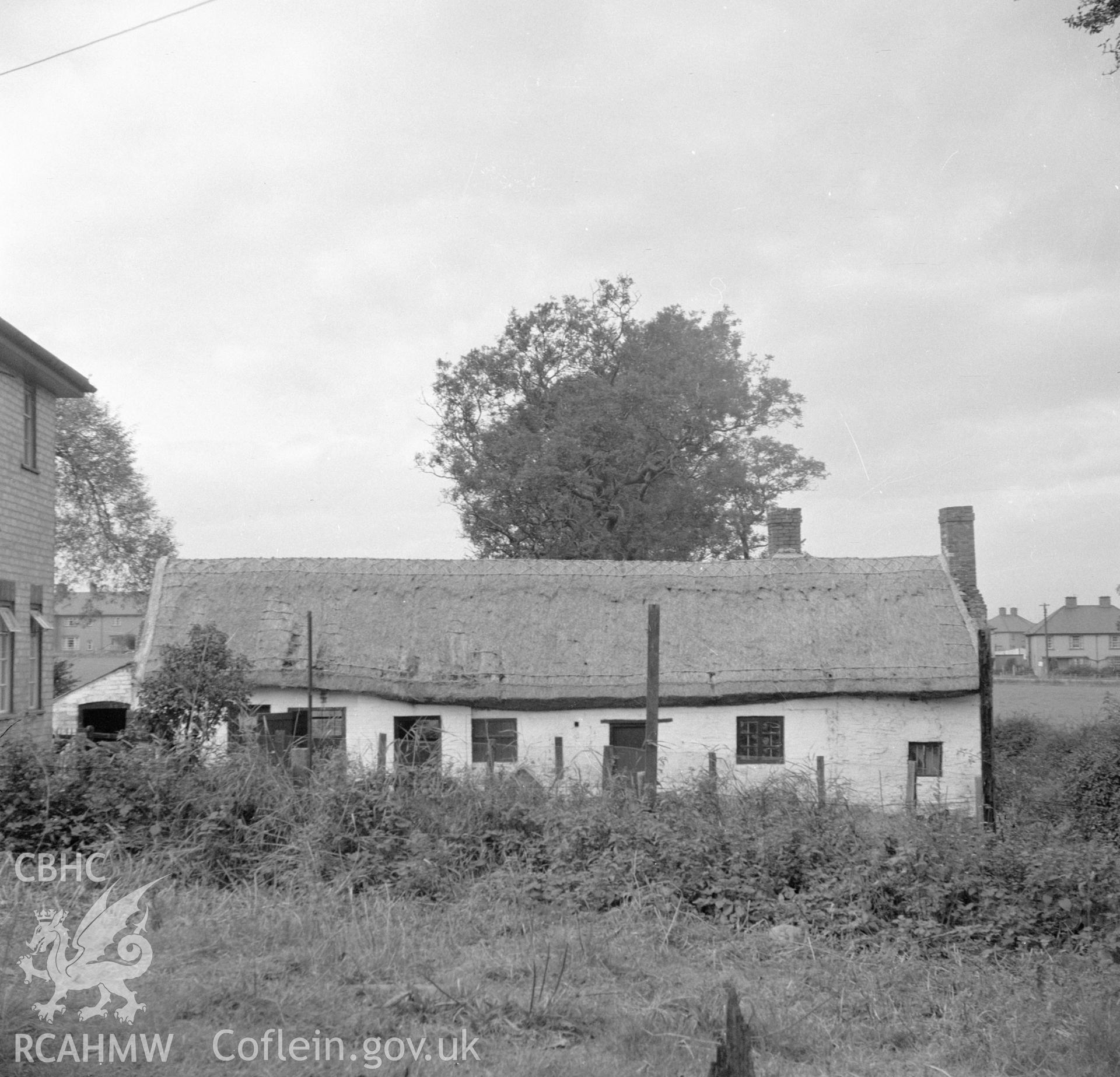 Digital copy of a nitrate negative showing an exterior rear view of a cruck house at Northop, Flintshire.