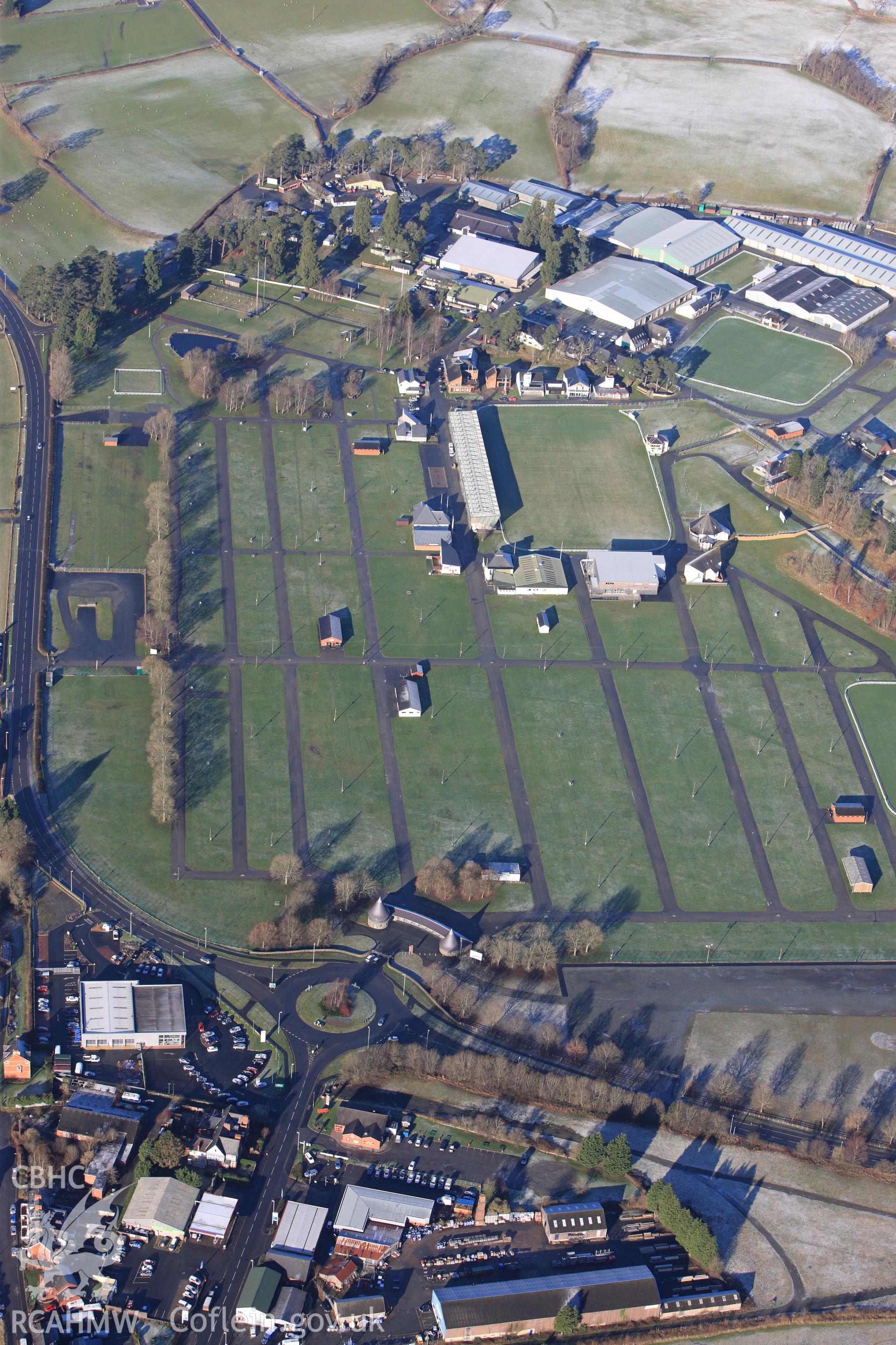 The Royal Welsh showground, Llanelwedd. Oblique aerial photograph taken during the Royal Commission?s programme of archaeological aerial reconnaissance by Toby Driver on 15th January 2013.