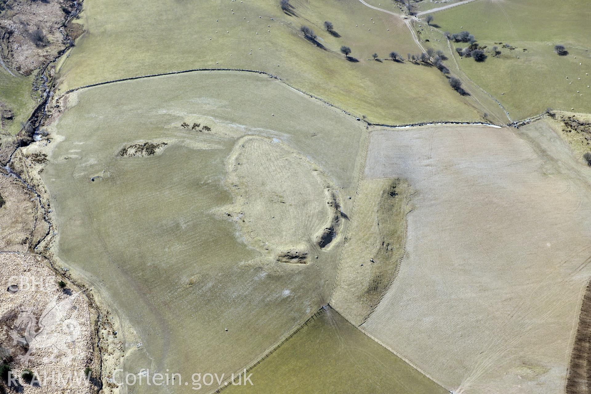 Pen y Castell hillfort, Salem, north east of Aberystwyth. Oblique aerial photograph taken during the Royal Commission's programme of archaeological aerial reconnaissance by Toby Driver on 2nd April 2013.